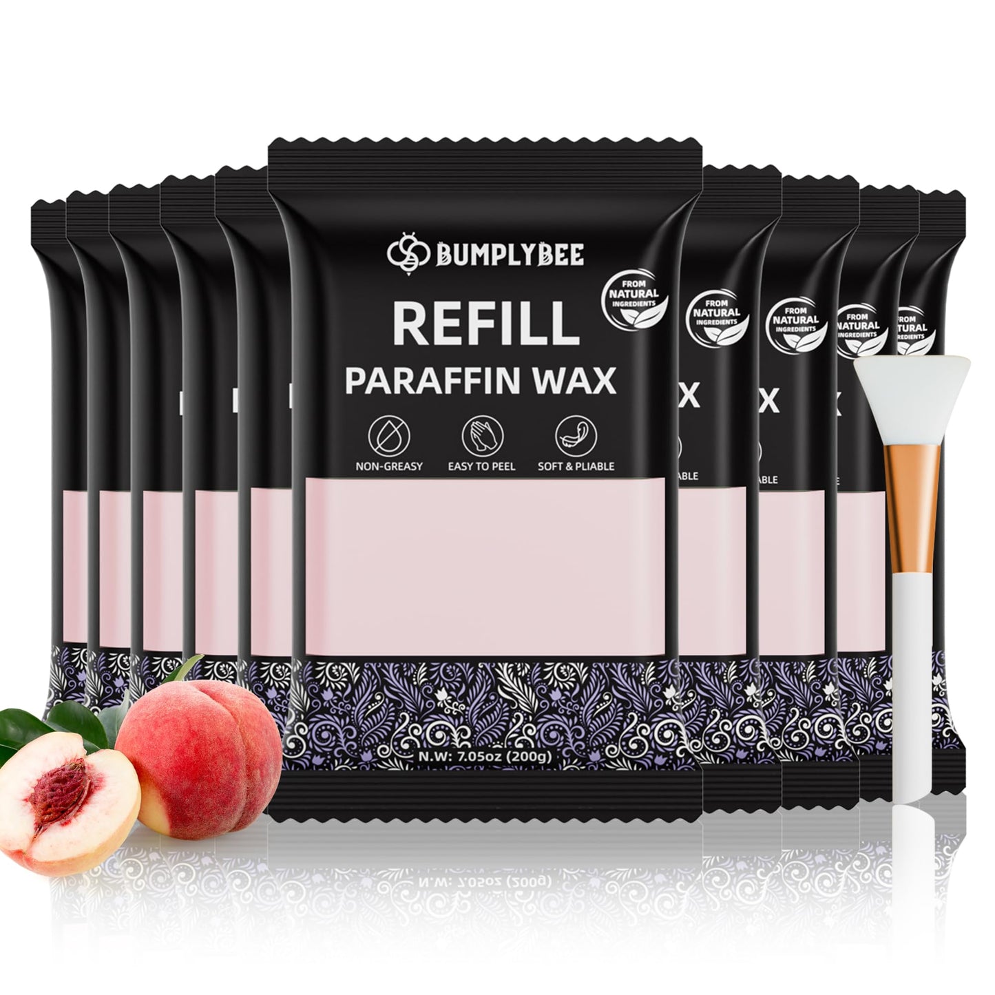 BUMPLYBEE Paraffin Wax Kit - 10 Packs Peach Scent Refills With Silicone Brush for Hands and Feet - Skin Moisturizing, Non-Greasy, Easy-Peeling