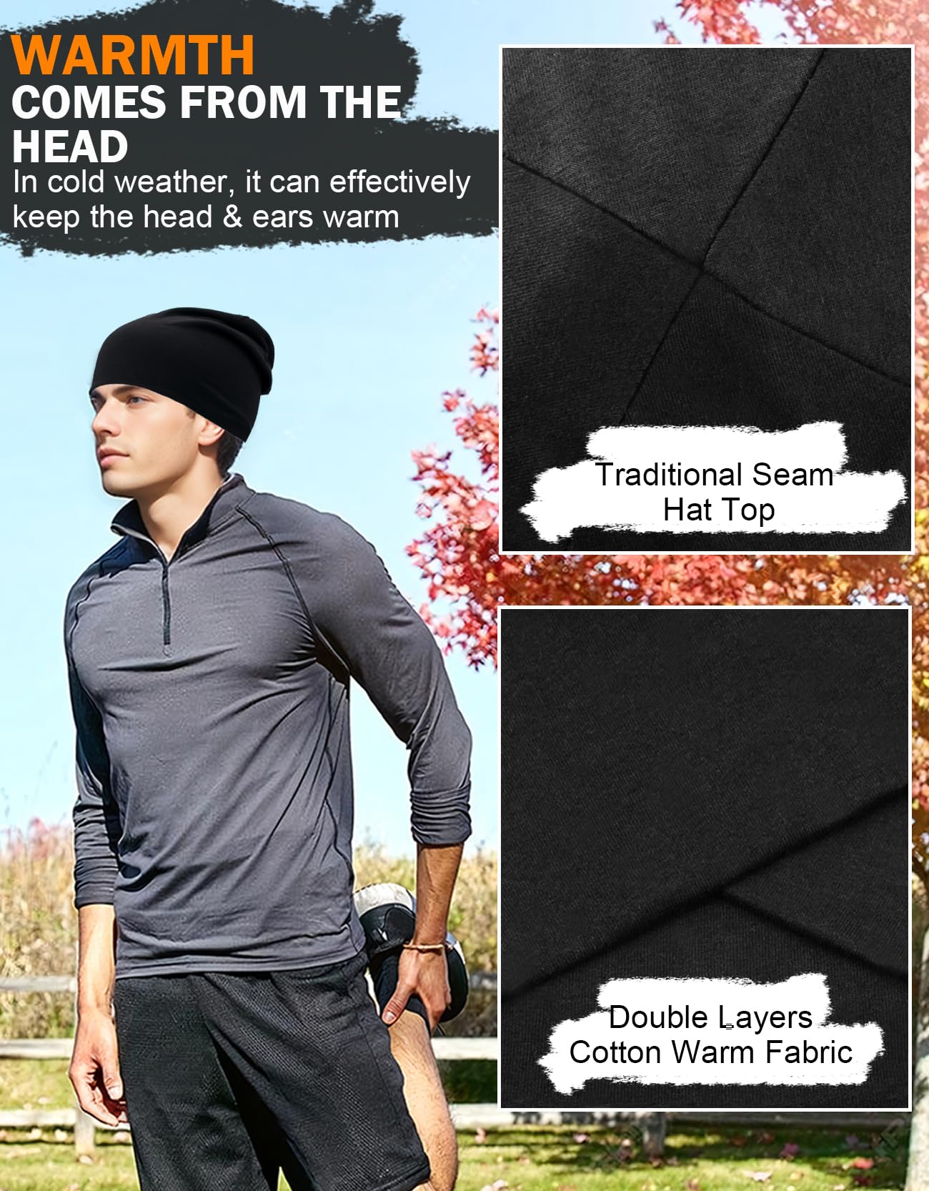 JHYWELL Cotton Beanie Hat Slouchy Jersey Soft Hats Skull Caps Lightweight Sleep Cap Summer Running Beanies Light Weight Chemo Hat for Men and Women (Black & Heather Grey)