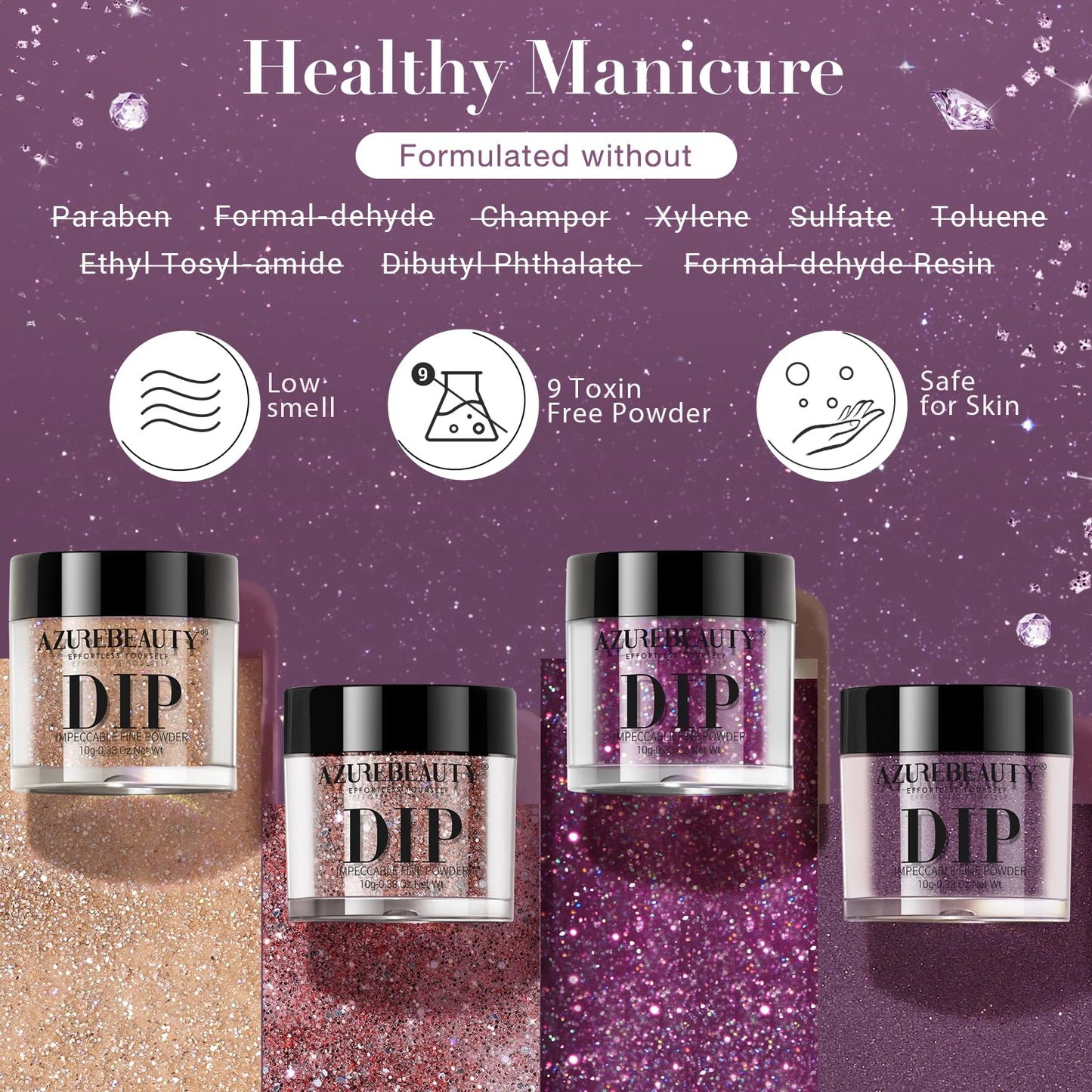 AZUREBEAUTY Dip Powder Nail Kit, 4 Colors Brown Purple Glitter Dipping Powder Starter Liquid Set Recycling Tray with Base & Top Coat Activator for French Nail Art Manicure Salon DIY at Home