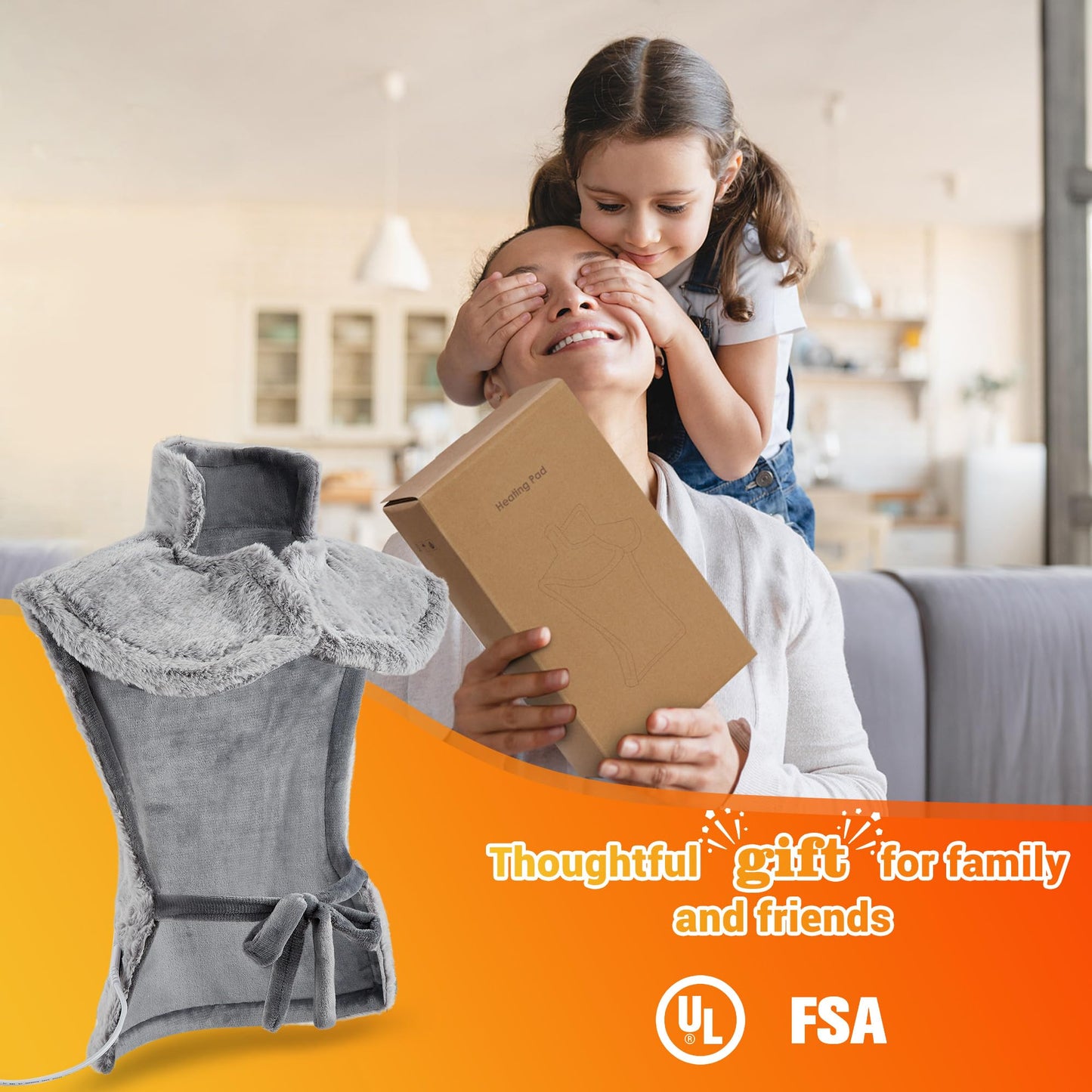 Massaging Heating Pad for Neck and Shoulders and Back, 24" x 35" Large Electric Heating Pad for Back Pain Relief with 3 Heat Levels, 4 Massage Settings, 2H Auto Shut-Off, 4 Massage Motors,Grey