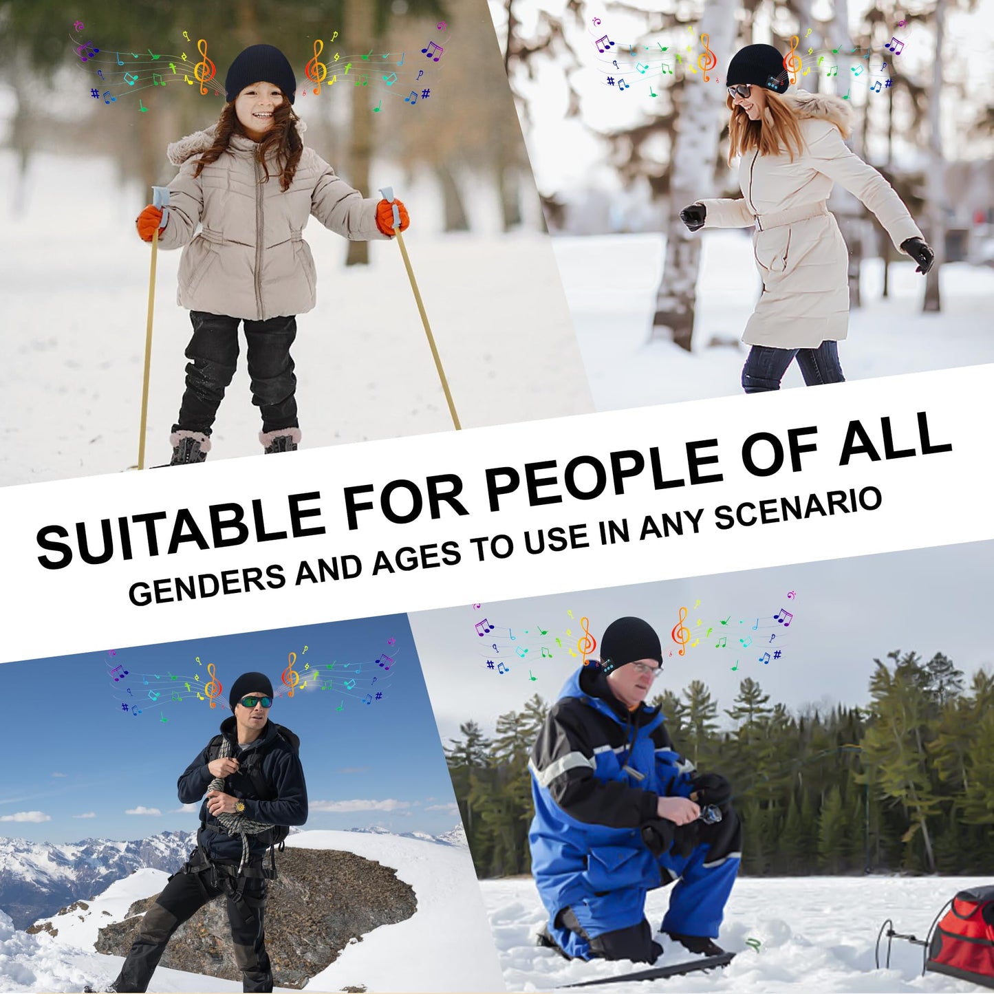 Bluetooth Beanie for Men & Women, Winter Knit Music Hat with Cordless Headphones, 24 Hour Play time, Built-in Microphone and HD Stereo Speakers, Unique Christmas Tech Gifts for Outdoor Homes Black