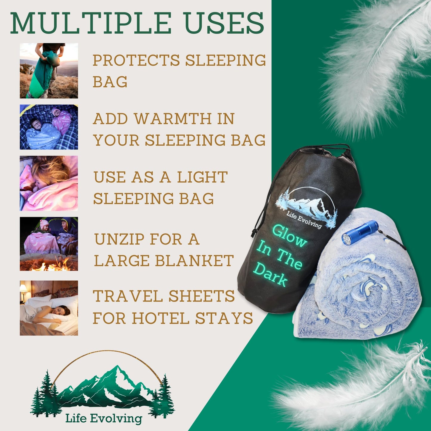 Fleece Sleeping Bag Liner Cold Weather-Glow In The Dark with UV Flashlight-Camping sleeping bag Liner for Cold Weather Sleeping Bag-Travel Sleeping Bag -Compact Sleeping Bag Or Ultralight Sleeping Bag