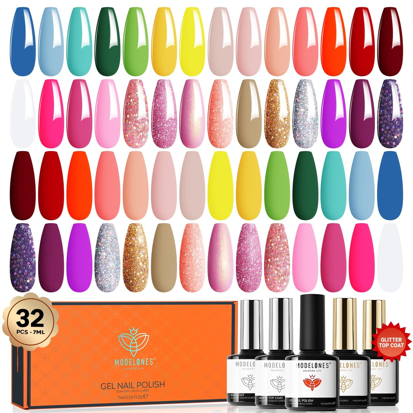 modelones 32 PCS Gel Nail Polish Set, 28 Colors Spring Colorful Gel Polish with No Wipe Base Coat, Glitter & Glossy & Matte Top Coat Soak Off LED Nail Art Kit Salon at Home