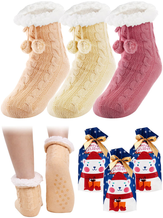 Foaincore 3 Pair Kids Slipper Socks with Gift Bag Girls Boys Fuzzy Socks Non Slip Winter Fluffy Socks Warm Socks with Grips(Warm Color,8-12 Years Old)
