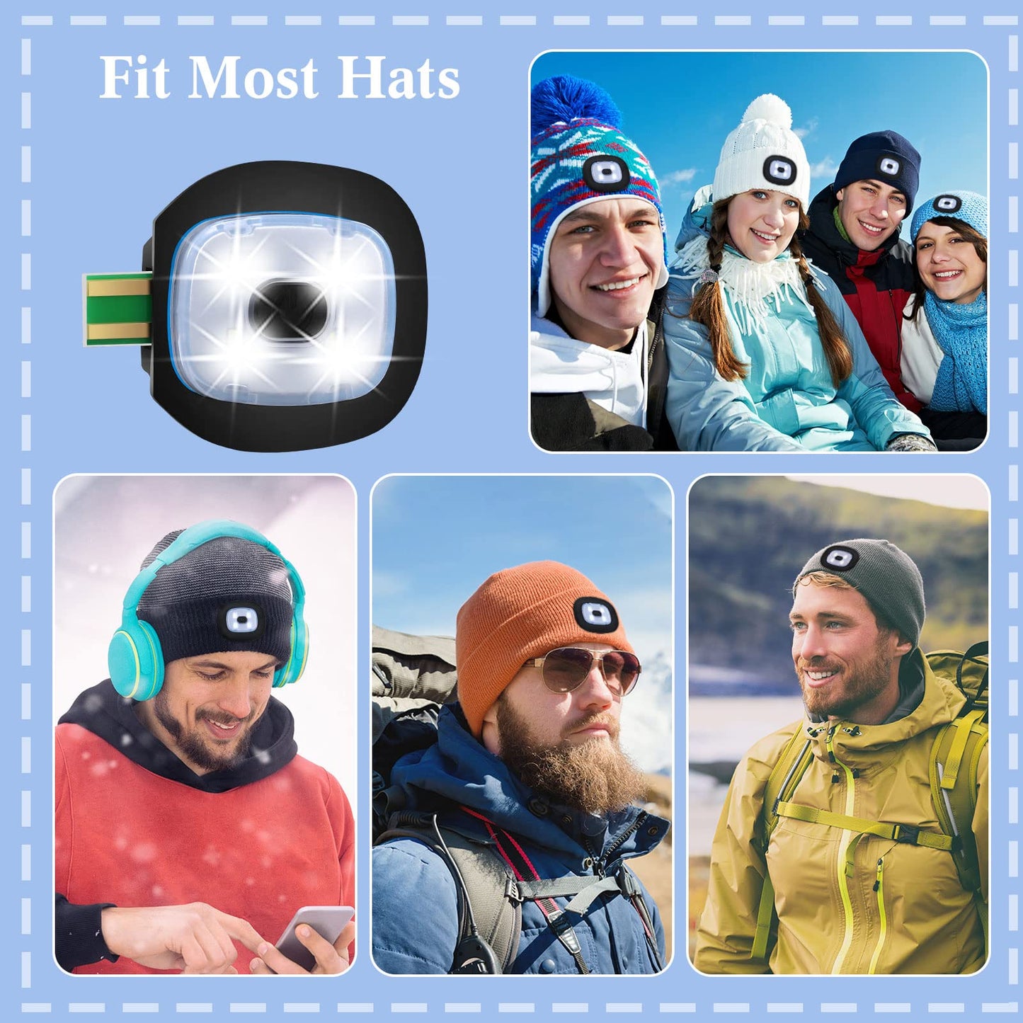 Mudder USB Rechargeable Light for LED Knit Beanie Hat, 4 Pieces, Strong Medium and Weak Mode Hat Lights Flashing Hands Free Flashlight Men Dad Father, Black