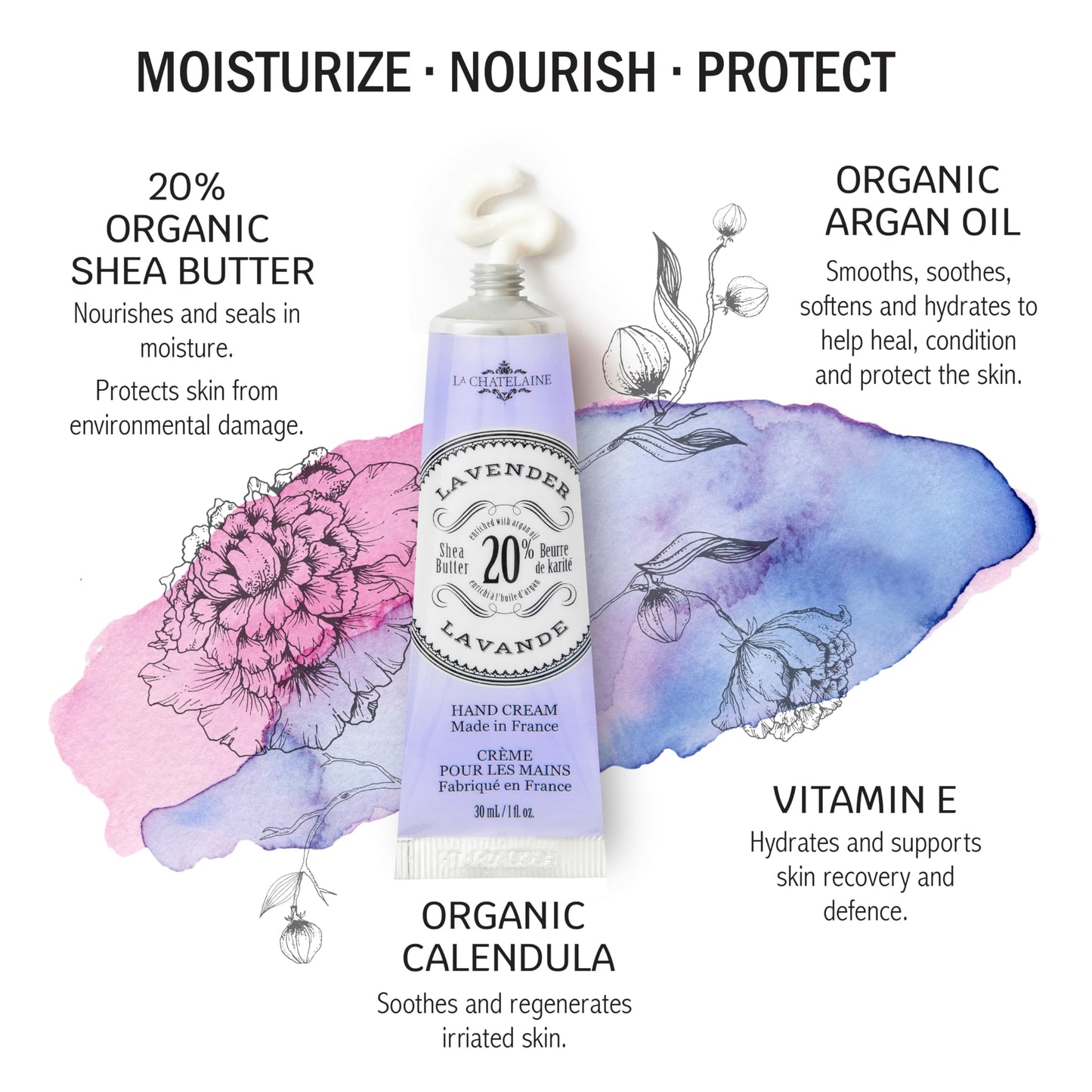 La Chatelaine 20% Shea Butter Hand Cream Travel Size, Organic Argan Oil, Moisturizing, Nourishing, Repairing, Extra-Rich Hand Lotion, Made in France, Paraben Free, 1 oz / 30ml (Lavender)