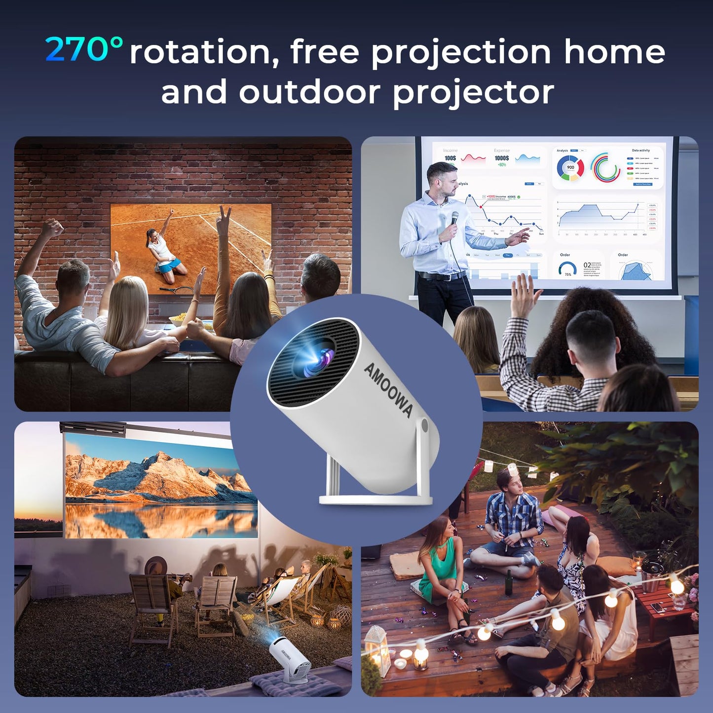 Portable 4K Mini Projector with WiFi and Wireless Bluetooth, Smart Proyector with Android 11, Projector with apps built in, 270° Rotatable, Auto Keystone,35"-130" Screen,Projector 4K Ultra HD