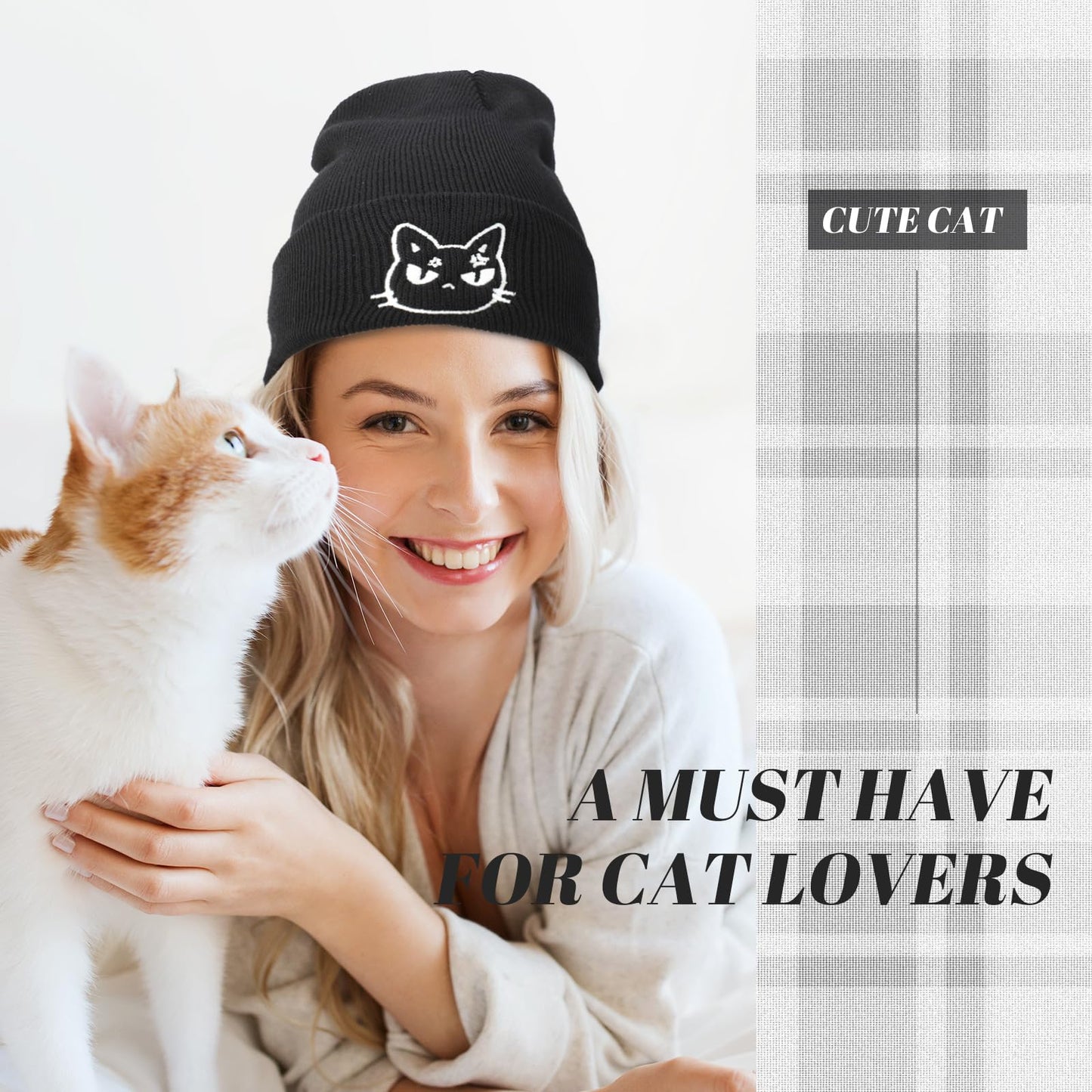Chuarry 3 Pcs Cat Beanie Winter Hats Embroidered Knit Beanie Hat Winter Knit Crochet Ski Cap Cute Cat Ear Hat Cat Gifts for Halloween Cat Lovers Black