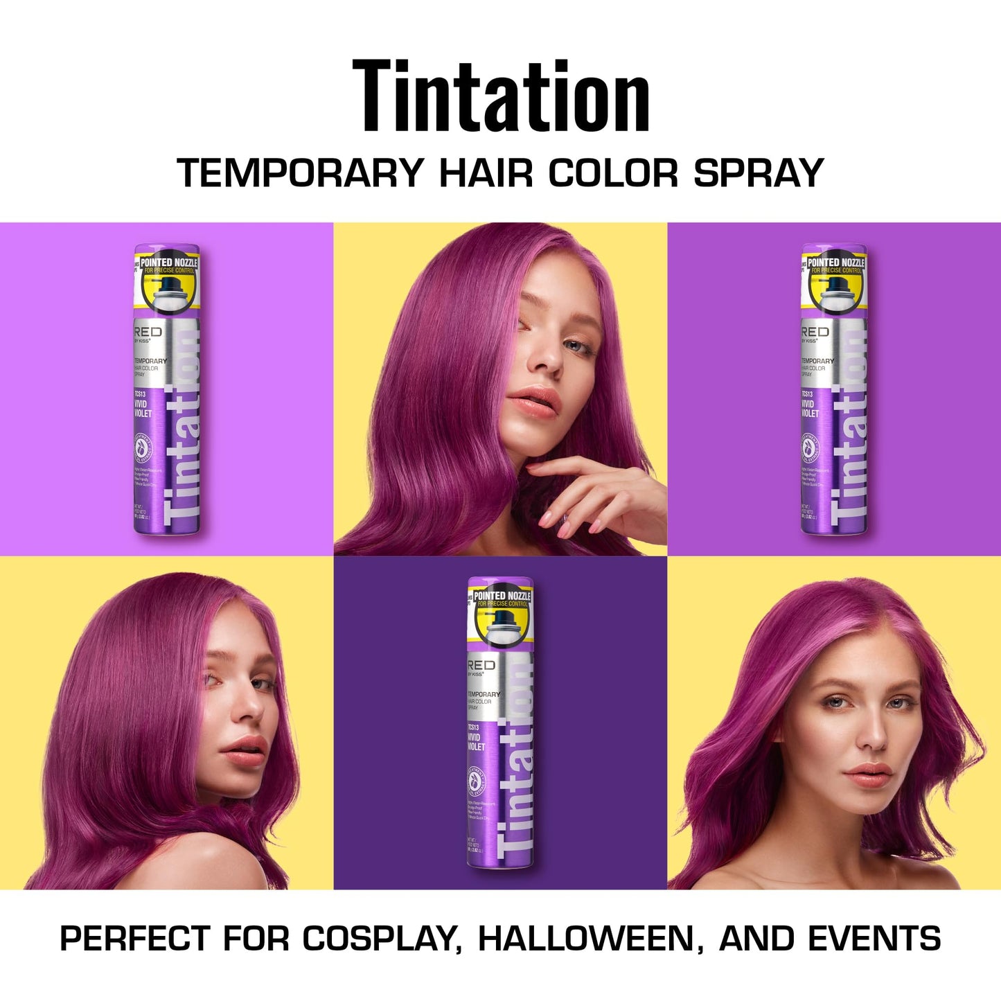 Red by Kiss Tintation Temporary Hair Color Spray 2.82oz, Quick-Dry & Smudge-Proof, Vivid Color Washable Hair Dye, Styling Spray Cosplay Halloween Birthday Party Festival (Vivid Violet)