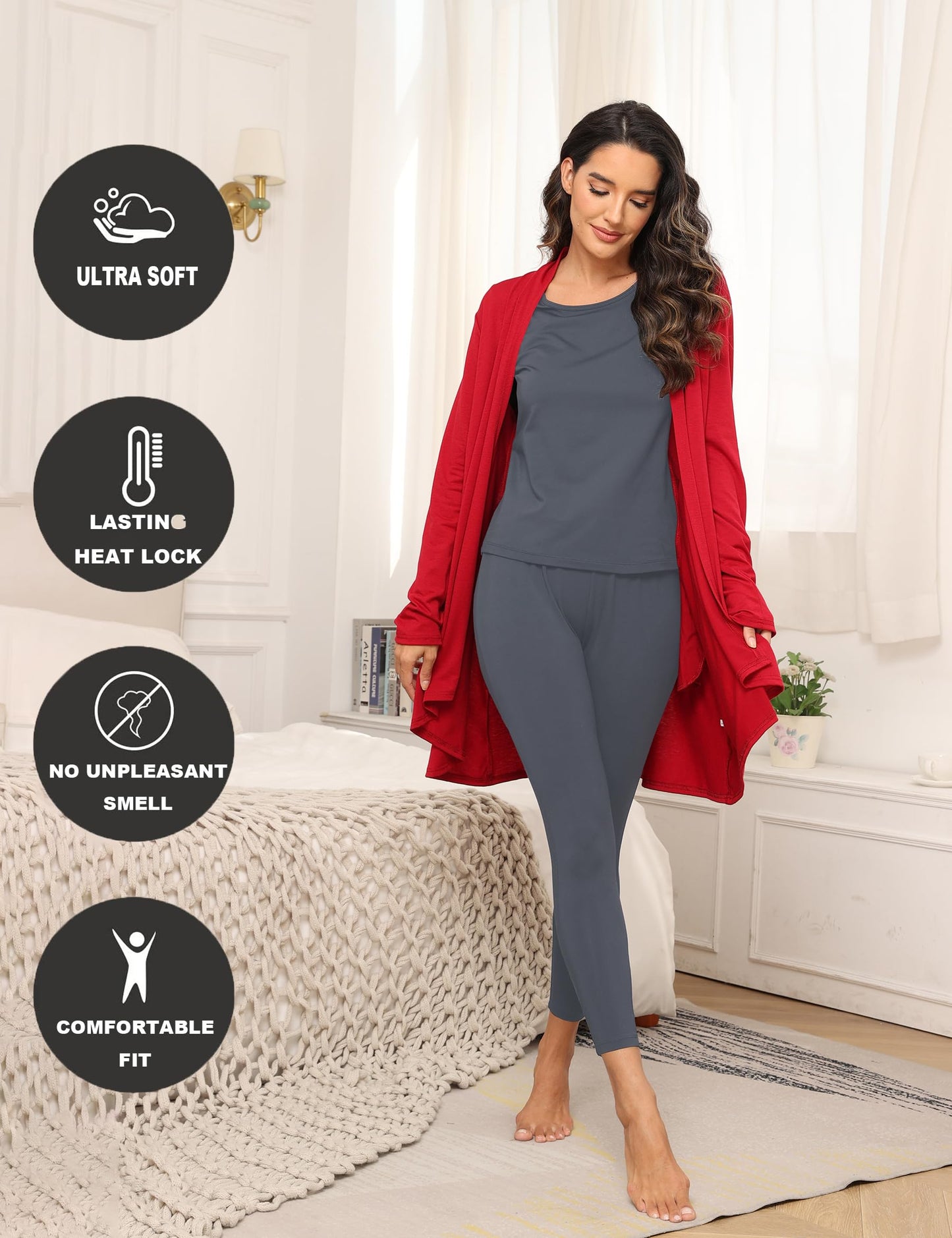 Winvote Thermal Underwear for Women Set Long Johns Fleece Lined Soft Cold Weather Warm Base Layer Winter Pajamas Top Bottom Grey L