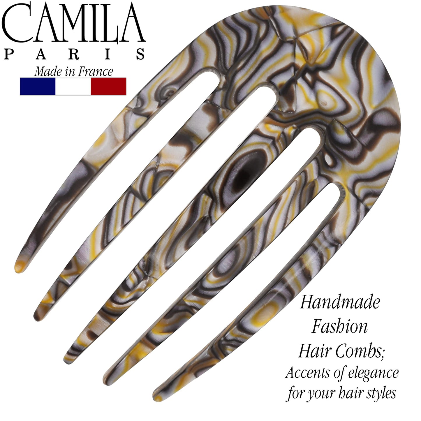 Camila Paris CP3399 French Hair Side Comb Small Rounded, Onyx, Handmade French Twist Hair Combs, Strong Hold Hair Clips for Women Bun Chignon, No Slip Styling Girls Hair Accessories Made in France