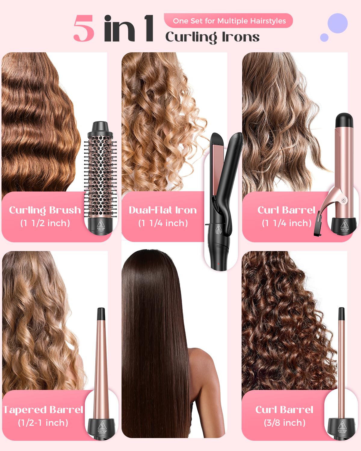 Lopeie 5 in 1 Curling Iron with Thermal Brush and 4 Interchangeable Ceramic Barrels(1/2 to 1 1/2 inch), Curling Wand Set with Flat Iron, Fast Heating, Dual Voltage Hair Curler, Gifts for Women