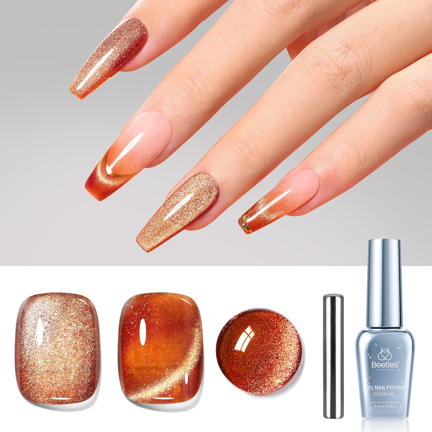 Beetles Cat Eye Gel Nail Polish 9ml Holographic 9D Cat Eye Gel Polish with Magnet Stick Amber Gleam Shimmer Velvet Gel Nail Polish Soak Off UV LED Nail Lamp Salon DIY Home