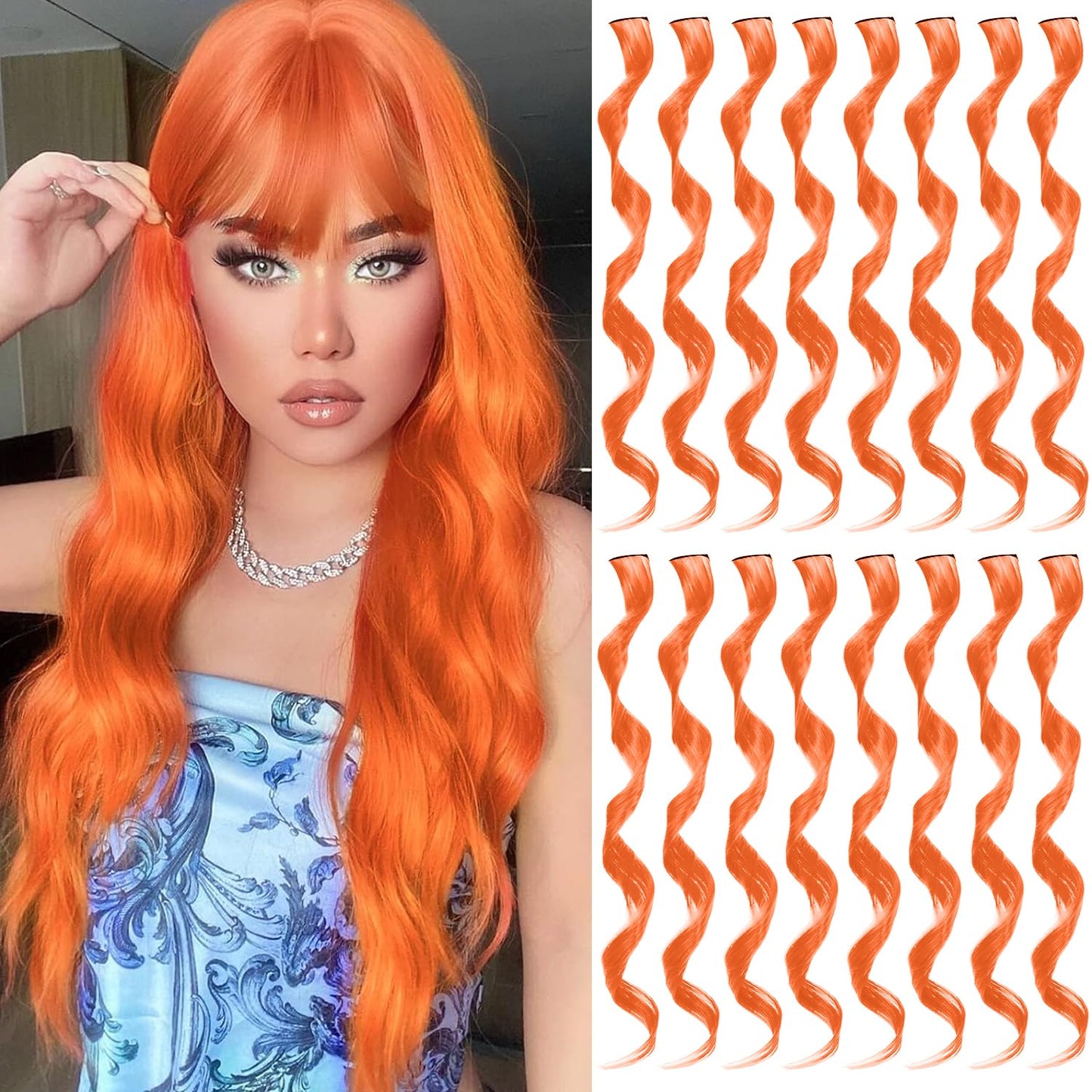 TOFAFA 16 Pcs Colored Hair Extensions Curly Wavy Clip in Synthetic Hairpiece Streak for Girls Women Kid, Multi-colors Party Highlights Cosplay Festival Gift(Orange)