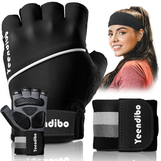 Yeendibo 5-in-1 Workout Gloves for Men & Women, with Excellent Grip, Full Protection Exercise Weight Lifting Gym Gloves, Detachable Wrist Strap & Mesh Bag