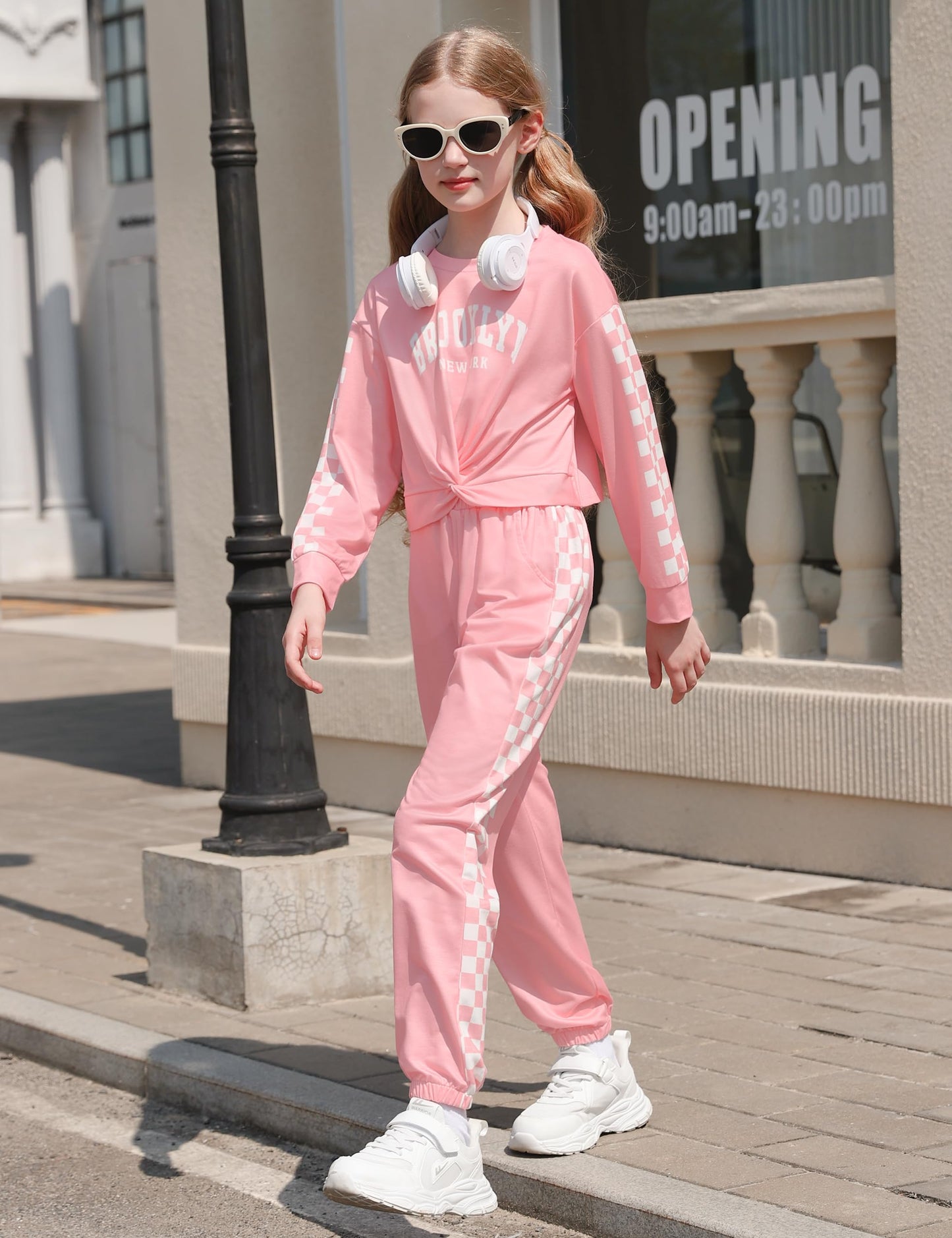 Boiltcat Girl Clothes Size 8-10 Pullover Girls' Clothing Sets Twist Front Sweatshirt and Plaid Sweatpants 2 Piece Girls Sweatsuit Fall Winter Pink 9-10 Years