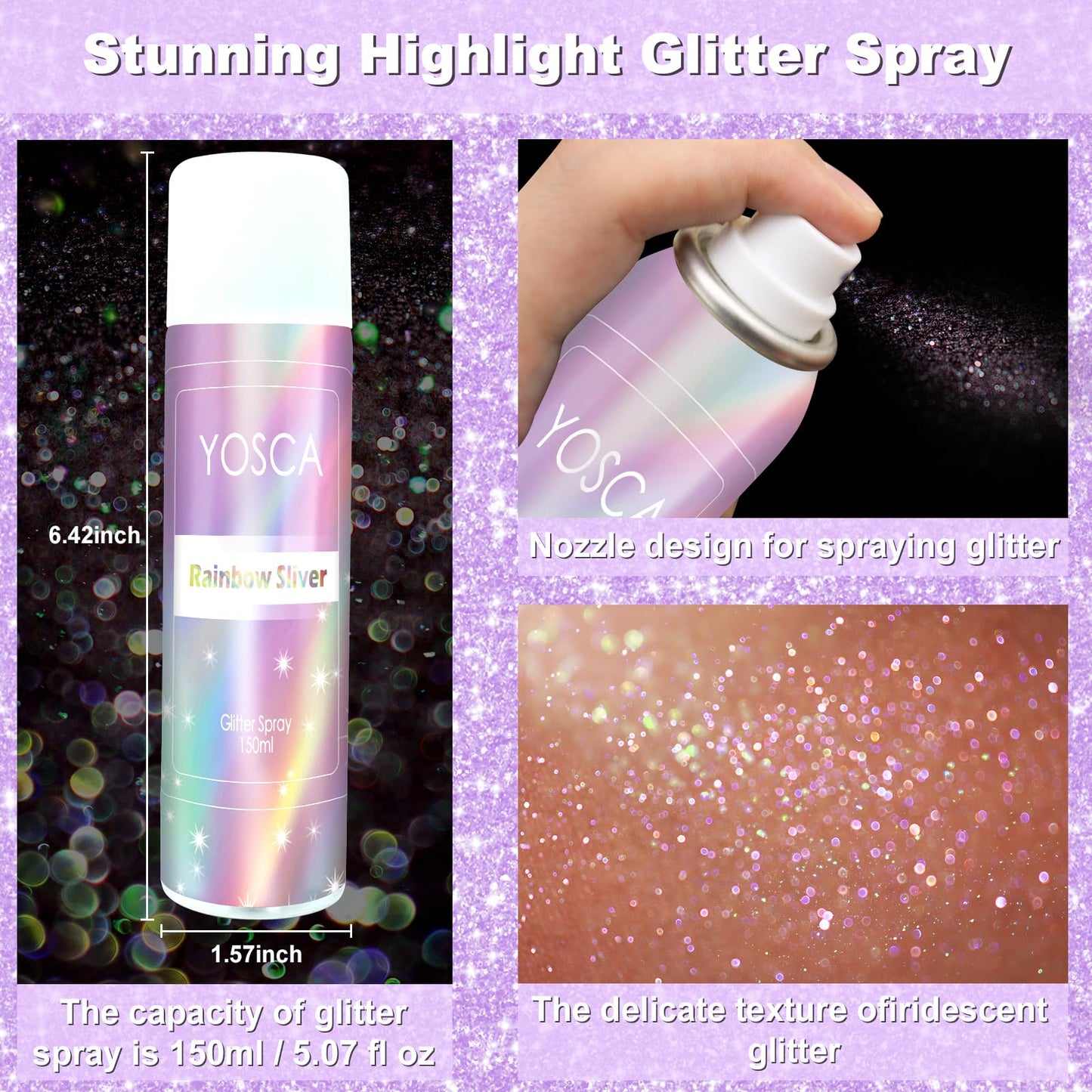 YOSCA Body Glitter Spray, 150ML Holographic Glitter Hairspray, Glitter Spray for Hair Body Clothes, Quick-Drying and Long-Lasting Shiny Glitter Spray for Festival Music Concert Party Rave Accessories