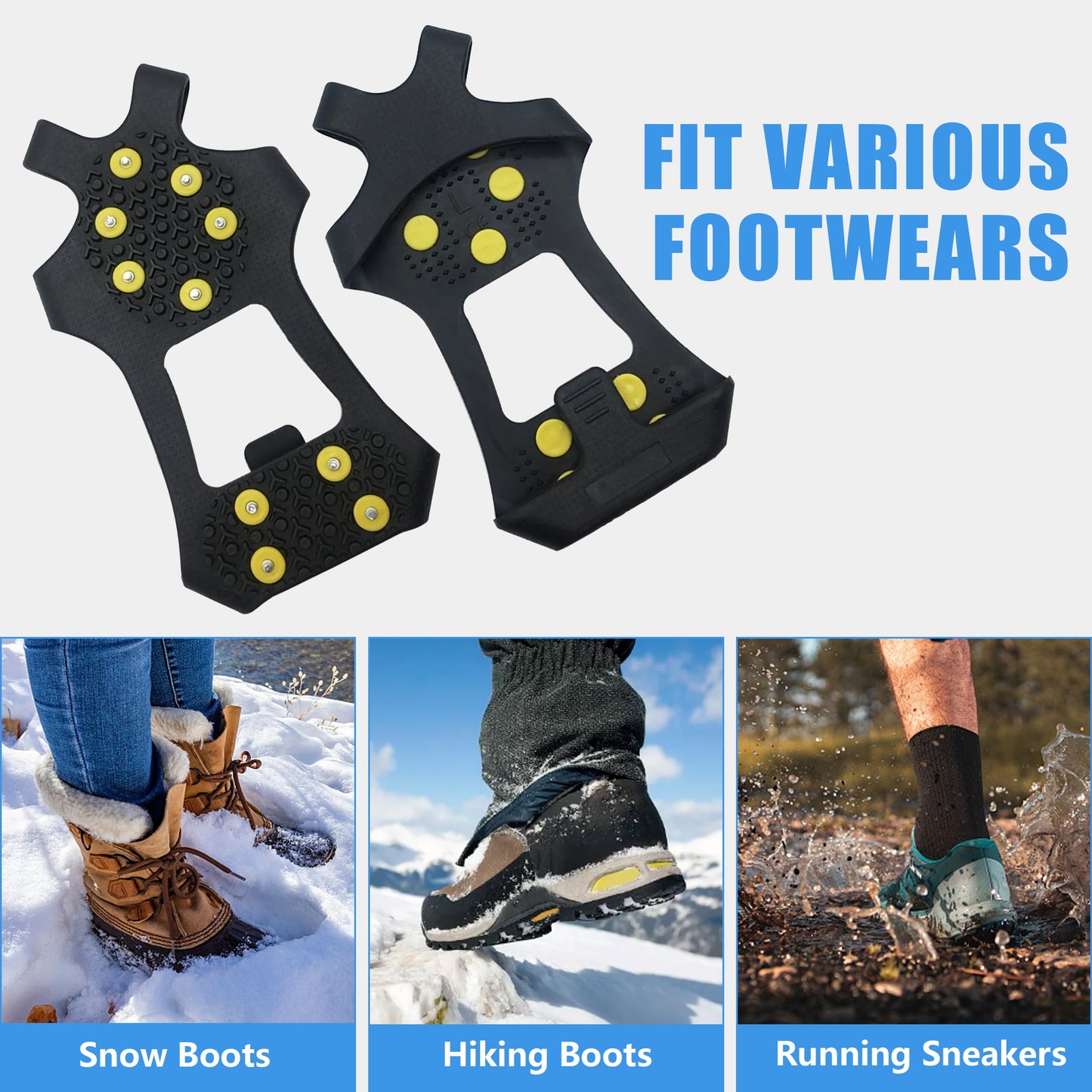 Ice Cleats for Shoes and Boots Ice Snow Grippers Anti-Slip Crampons 10 Studs Traction Cleat for Women Men Kids Hiking Fishing Walking Running Jogging