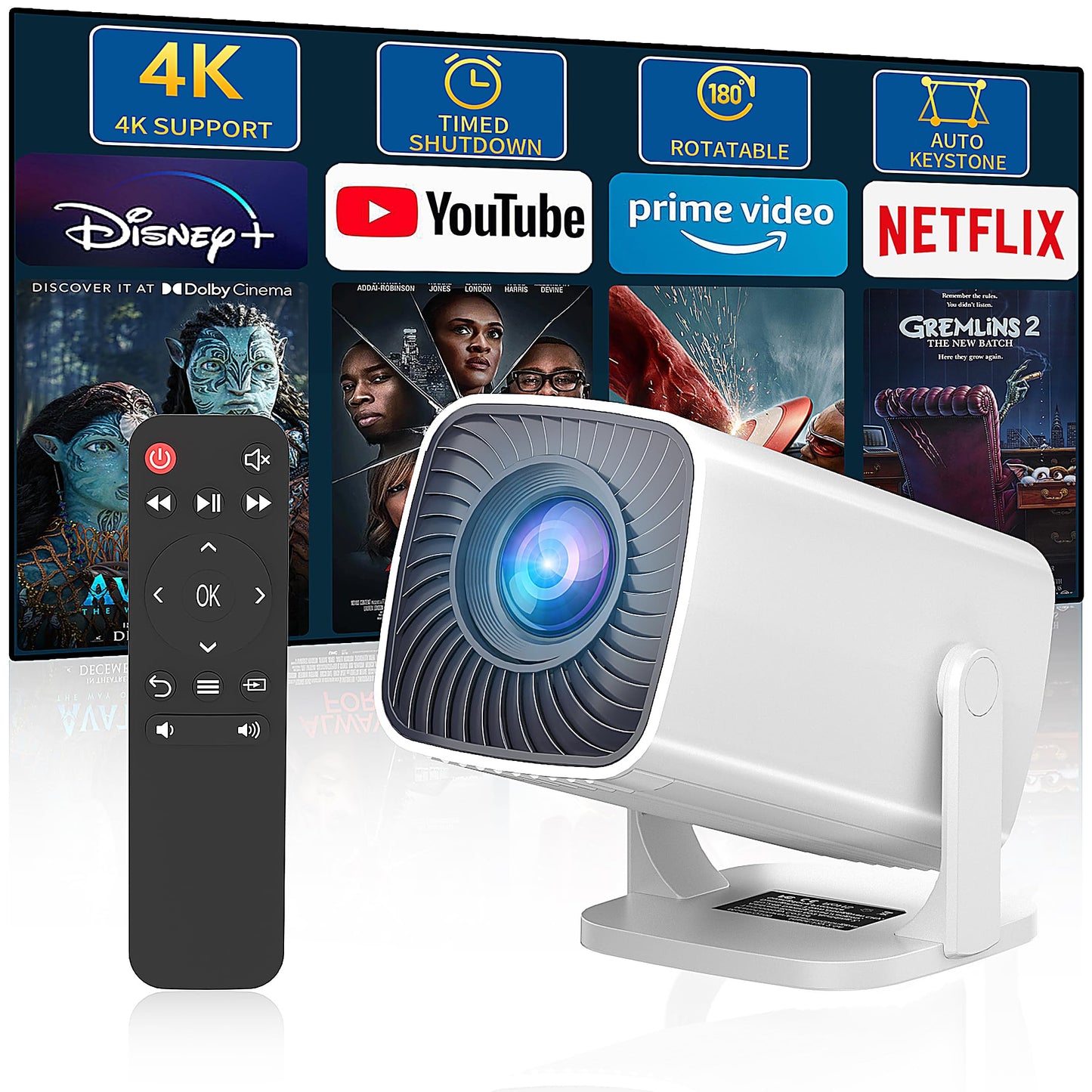 Mini Projector, Portable Outdoor Projector 4K Supported, Short Throw Movie Projector Compatible with Smartphone, TV Stick, Laptop, Game Consoles