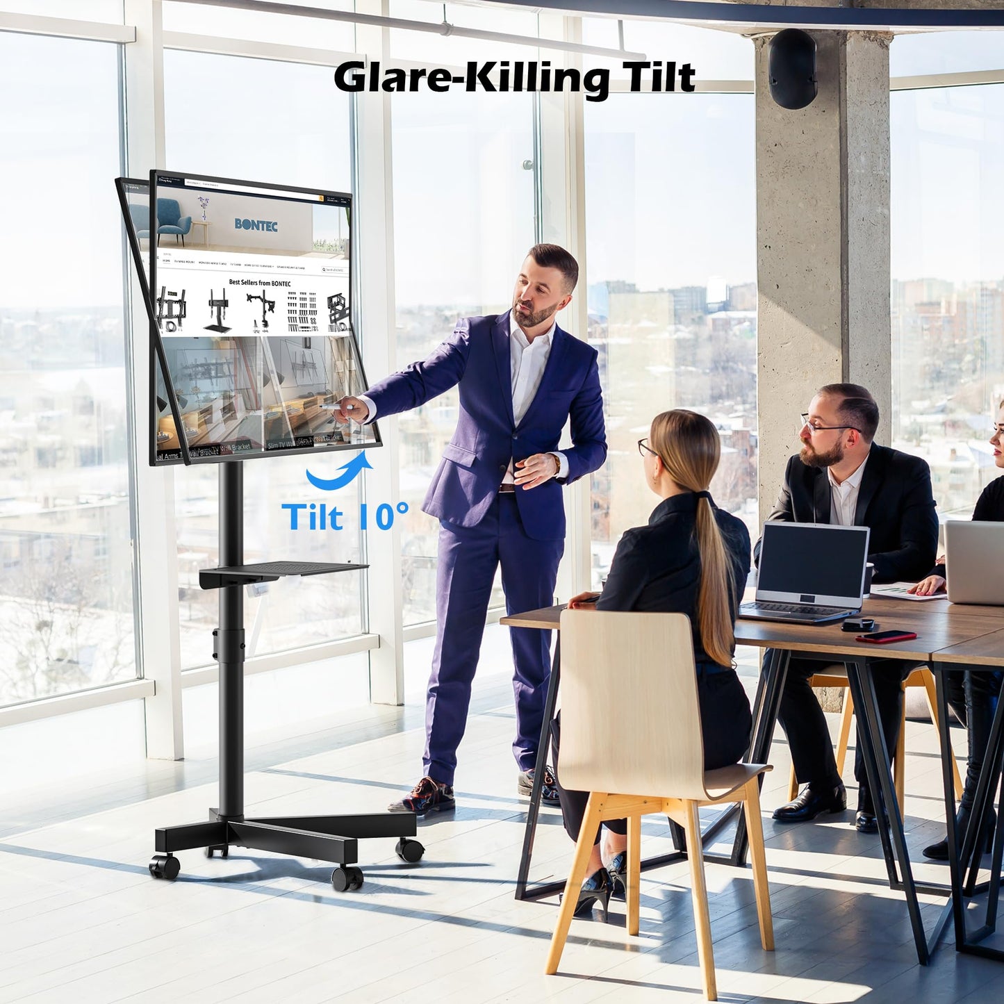 BONTEC Mobile TV Stand with Tilt Function, Rolling TV Stand for 23-60" LED, LCD, OLED TVs, Holds up to 88lbs, Max VESA 400x400mm, Adjustable Media Shelf, TV Cart for Living Room, Bedroom, Office