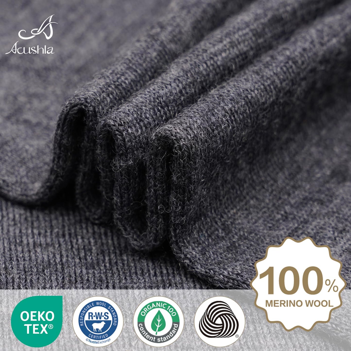 ACUSHLA 100% Merino Wool Cuff Beanie for Men & Women Knitted Winter Hat Unisex Watch Cap Skull Wrap for Cold Weather, Dark Grey