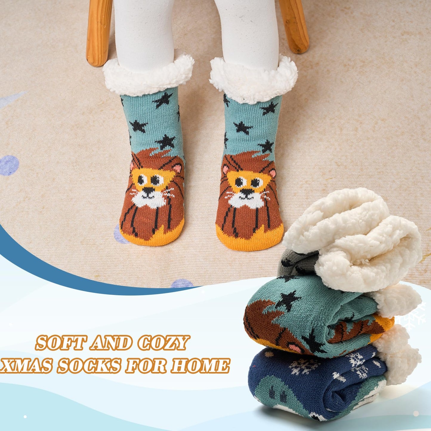 Moon Tree Toddler Boys Fuzzy Socks Winter Warm Socks for Kids Boys Thick Thermal Fleece Lined Fluffy Socks for Home 3 Pack Animals Beast 2-3T
