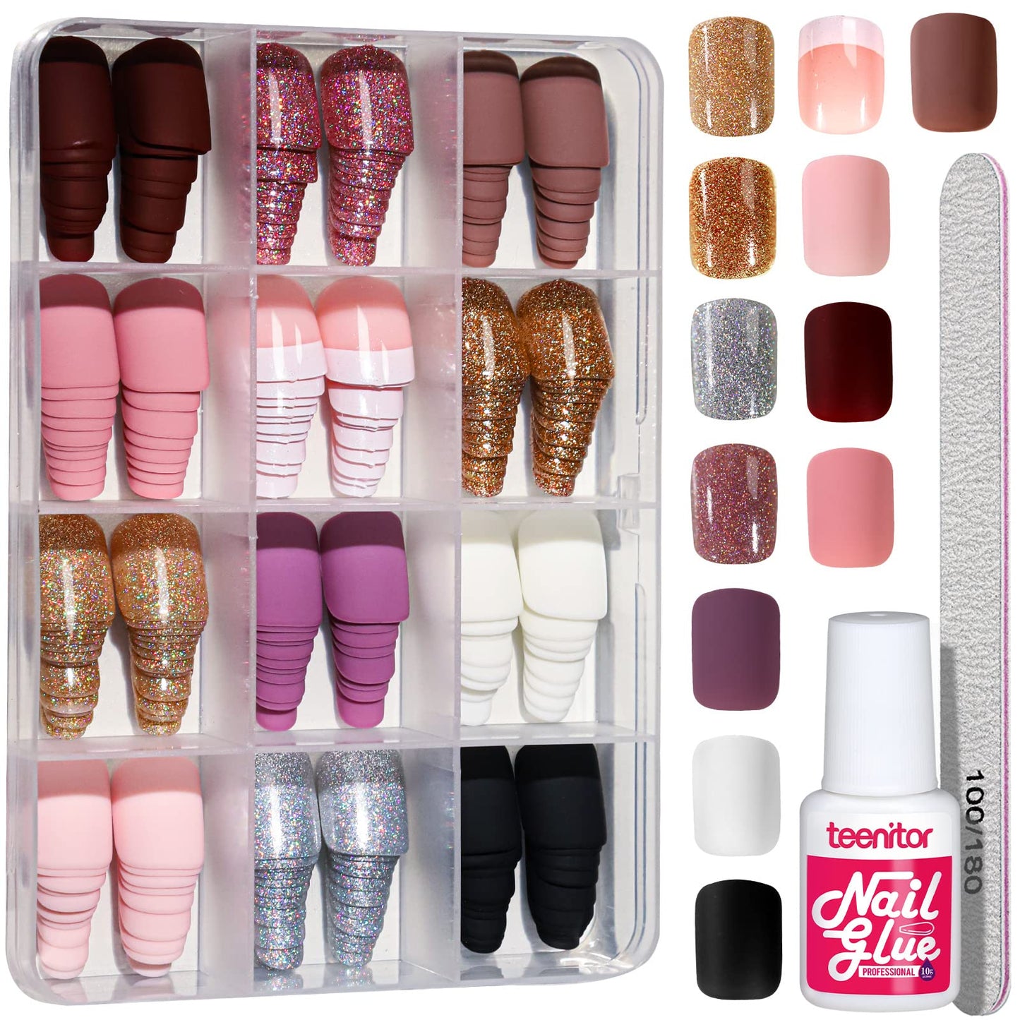 Teenitor Short Press on Nails,288Pcs Matte Acrylic Short Square Fake Nails Full Cover, Glitter Press On False Nails Glue on Nails Short