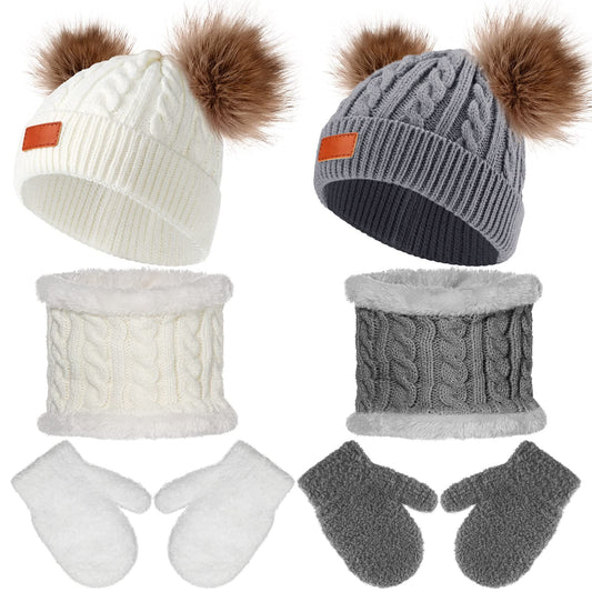 6 Pcs Toddler Kids Winter Hat Gloves Scarf Set Knit Beanie Hat with Pom Pom Mittens Neck Warmer for Baby Boys Girls 1-6 Year(Gray, White)