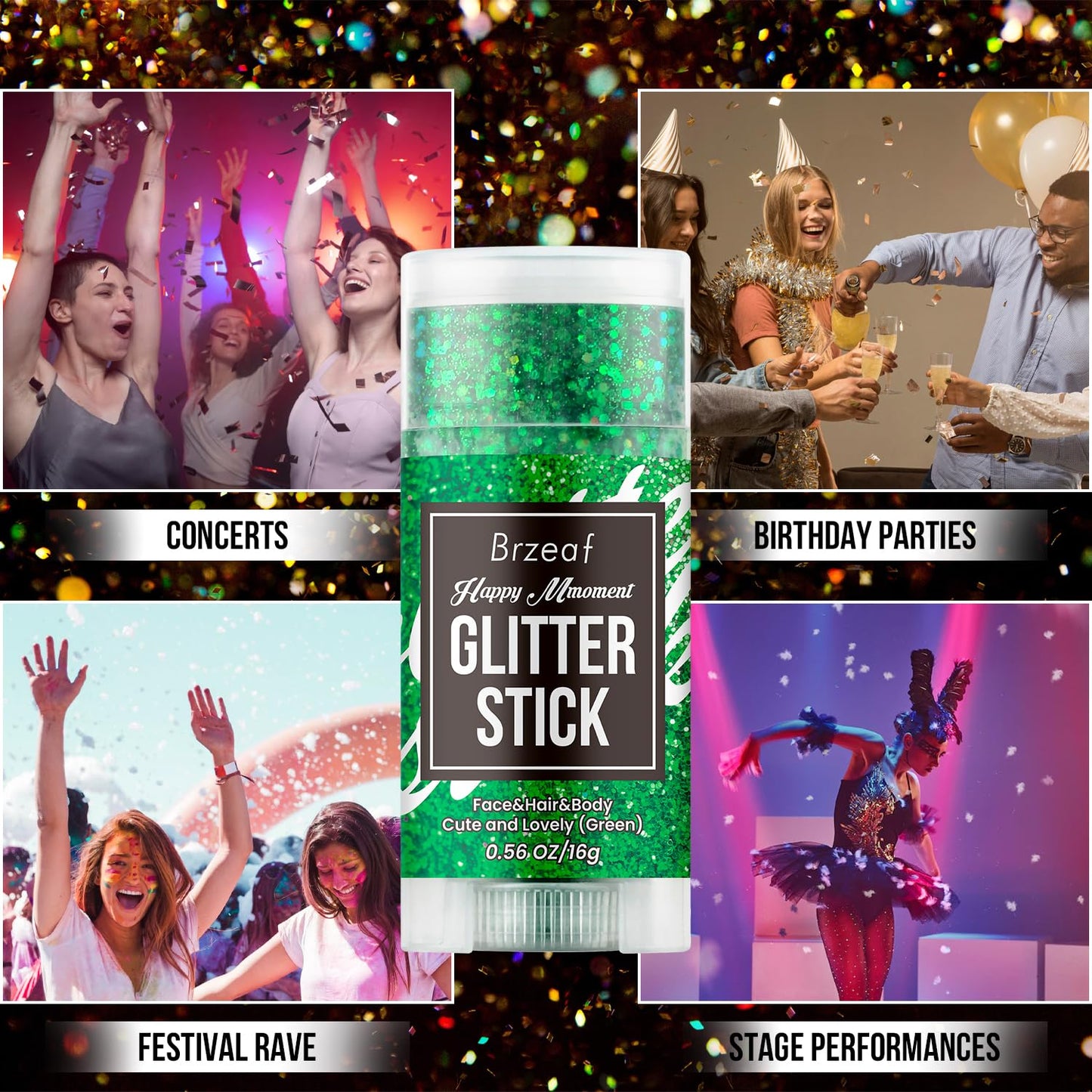 Brzeaf Waterproof Green Body Glitter Stick, Chunky Glitter for Face/Body/Hair/Eyes/Lip, Singer Concert Music Rave Festival, Glitter Stick Makeup & Face Glitter Gel for Women Men 0.56 OZ