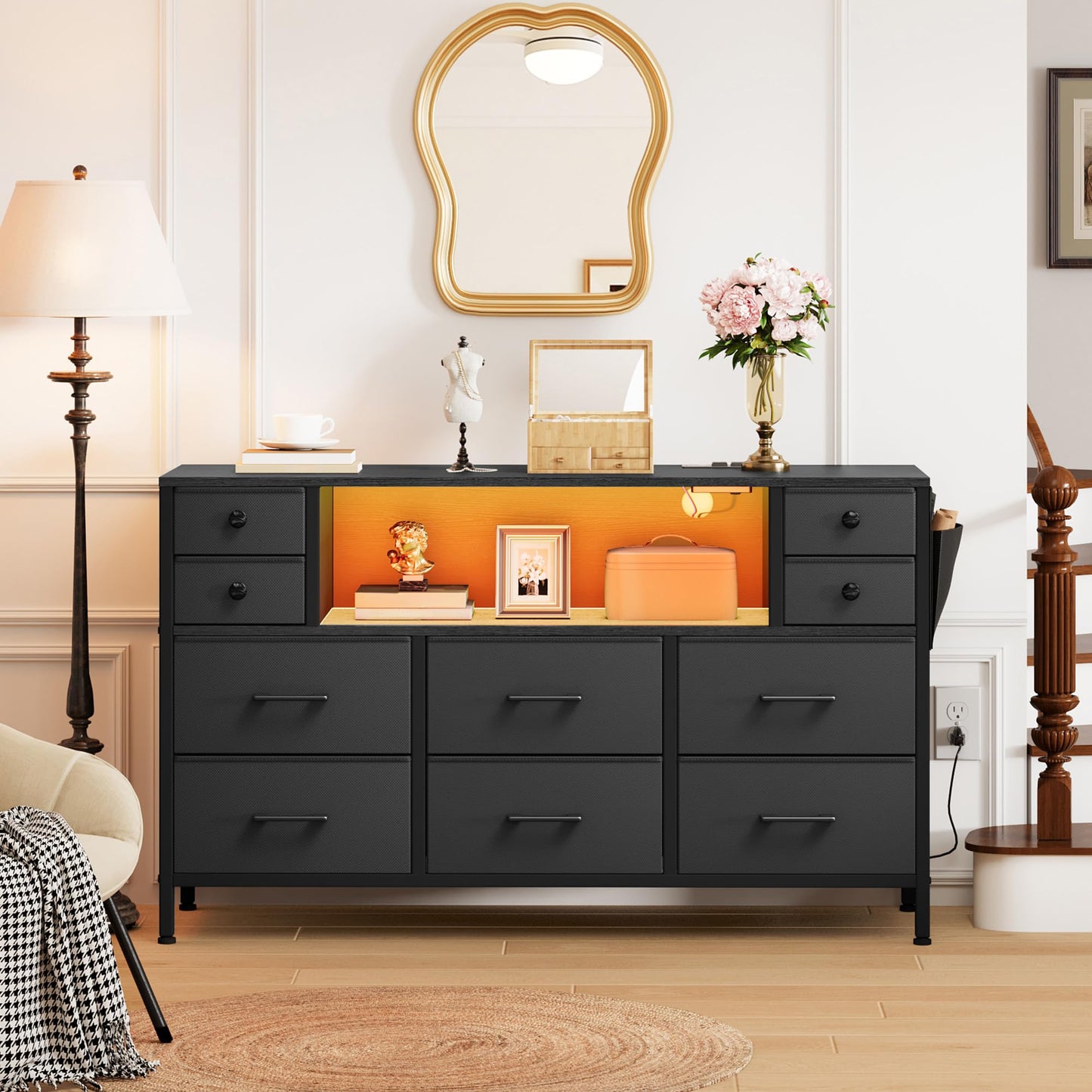 YITAHOME TV Stand with Charging Station, Dresser TV Stand for 55'', 10 Drawer Dresser for Room, Media TV Console Table with Side Pockets & Hooks, Storage Fabric Drawer Unit for Room