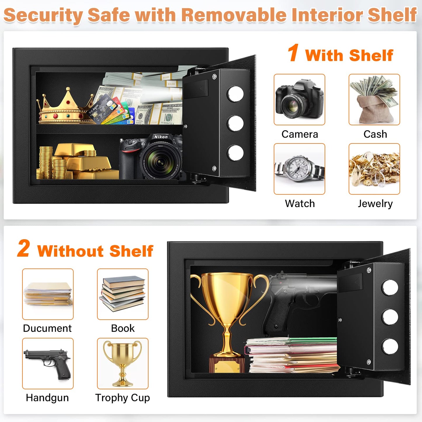 1.2 Cubic Personal Home Safe Box Fireproof Waterproof with Fireproof Bag, Fireproof Safes for Home with Removable Shelf, Fireproof and Waterproof Safe for Money Firearm Medicine Jewelry Document