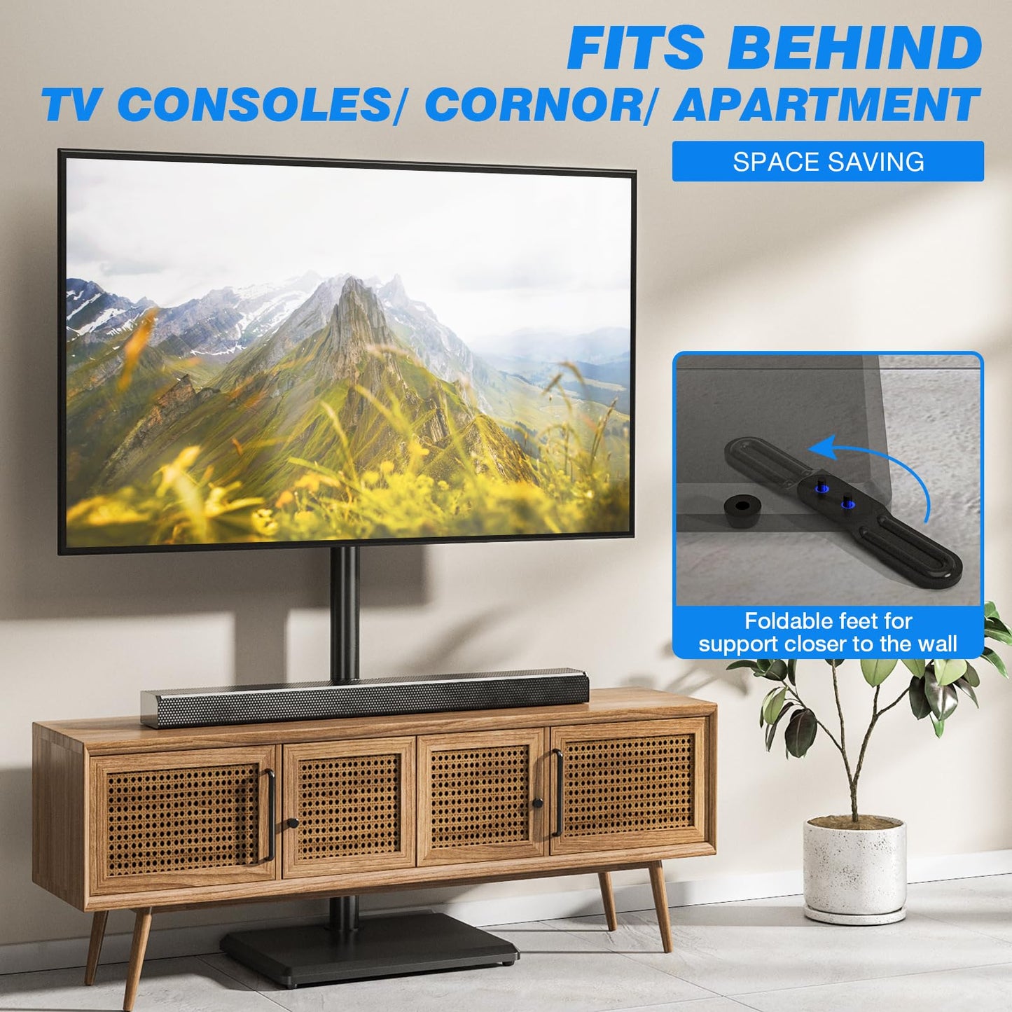 Rfiver Swivel Floor TV Stand with Mount for 32-60 inch TVs up to 88 lbs, Height Adjustable Tall TV Stand with Wood Base, Saving Space Design for Bedroom, Living Room and Corner, Max VESA 400x400mm