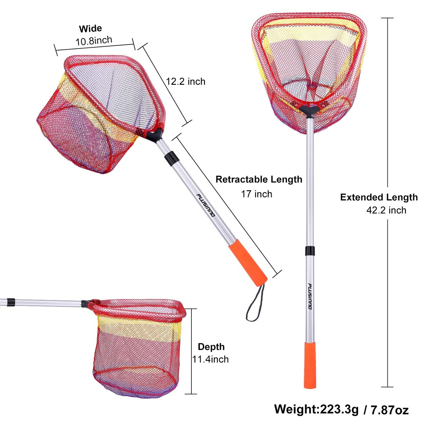 PLUSINNO Kids Fishing Net, Telescopic Lightweight Landing Net with Aluminum Pole Handle and Nylon Mesh, Catch and Release Net for Kids Youth Outdoor