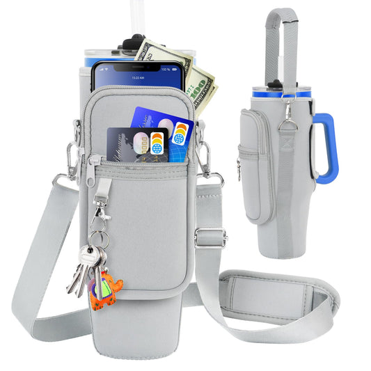 Water Bottle Carrier Bag with Phone Pocket Compatible with Stanley/Meoky 40 oz Tumbler with Handle,Neoprene Water Bottle Holder Pouch with Adjustable Strap Compatible with Stanley Cup Accessories