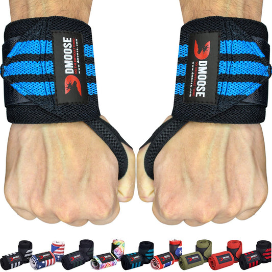 DMoose Weightlifting Wrist wrap 12 and 18 Inches Thumb Loops with Wrist Support for Workouts Powerlifting Wrist Straps for Weight Lifting Men and Women Blue Stripes