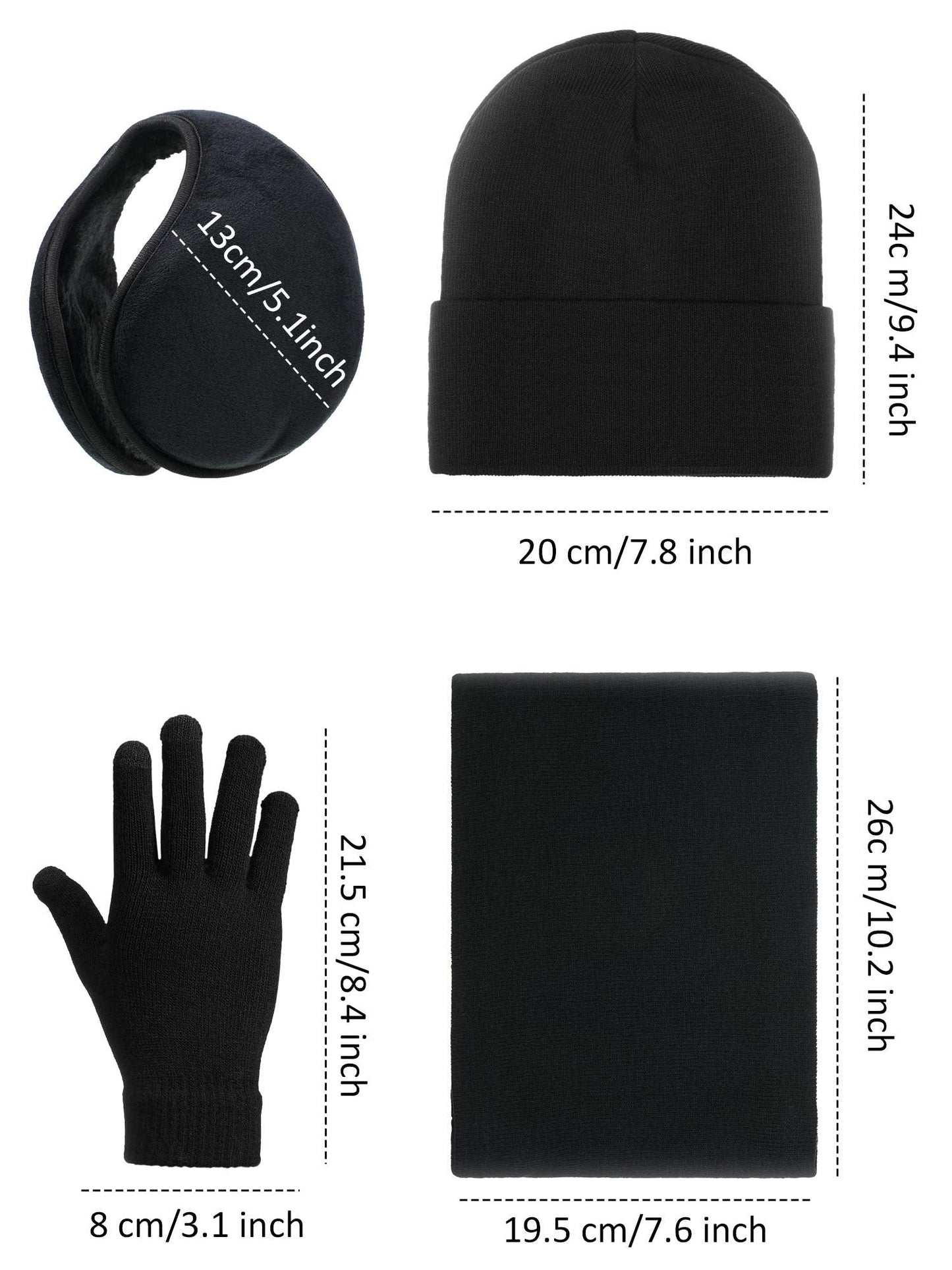 SATINIOR 4 Pack Winter Warm Knitted Set Unisex Beanie Hat Circle Loop Scarf Touchscreen Gloves and Earmuffs (Black), Medium