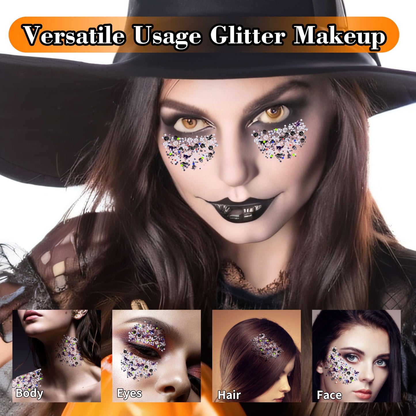 Paminify Halloween Body Glitter Gel,Black White Skull Pumpkin Professional Vibrant Music Festival Party Rave Accessories,Sparking Chunky Face Glitter Paint Makeup for Women and Kids