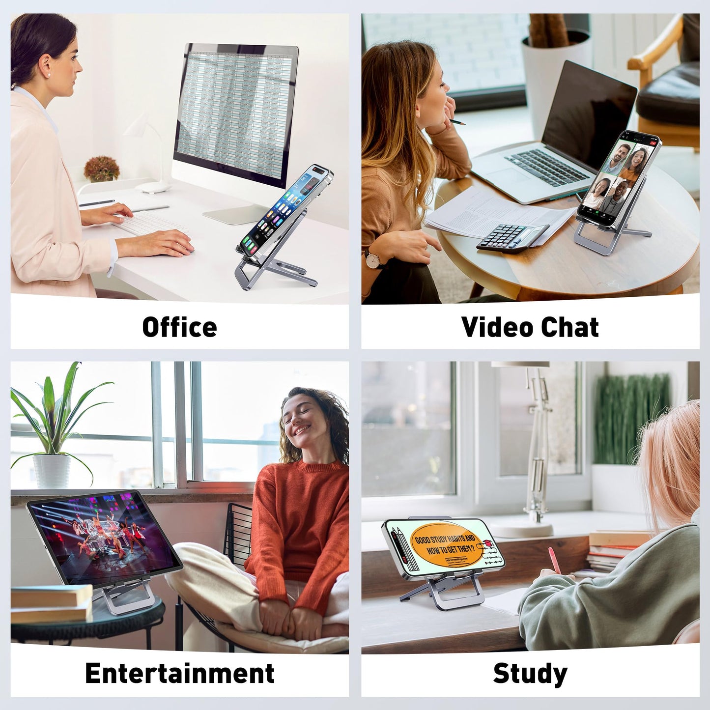 DeskLogics Portable Phone Stand for Desk, Aluminum Adjustable Cell Phone Holder, Foldable Travel Cellphone Dock Compatible with iPhone 15 14 13 Pro Max Mini, 12 11 XR 8 7 6 Plus SE (Grey)