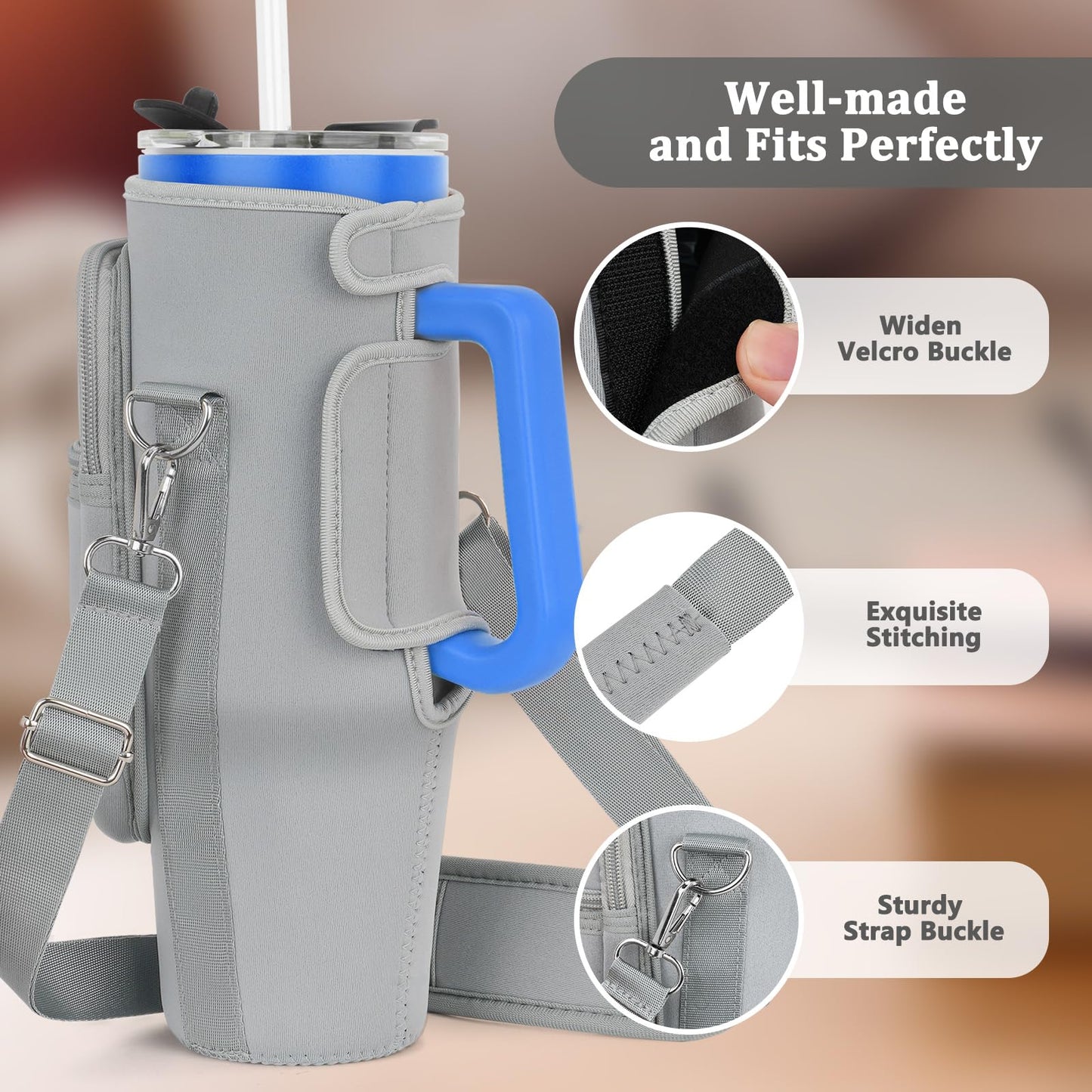 Water Bottle Carrier Bag with Phone Pocket Compatible with Stanley/Meoky 40 oz Tumbler with Handle,Neoprene Water Bottle Holder Pouch with Adjustable Strap Compatible with Stanley Cup Accessories