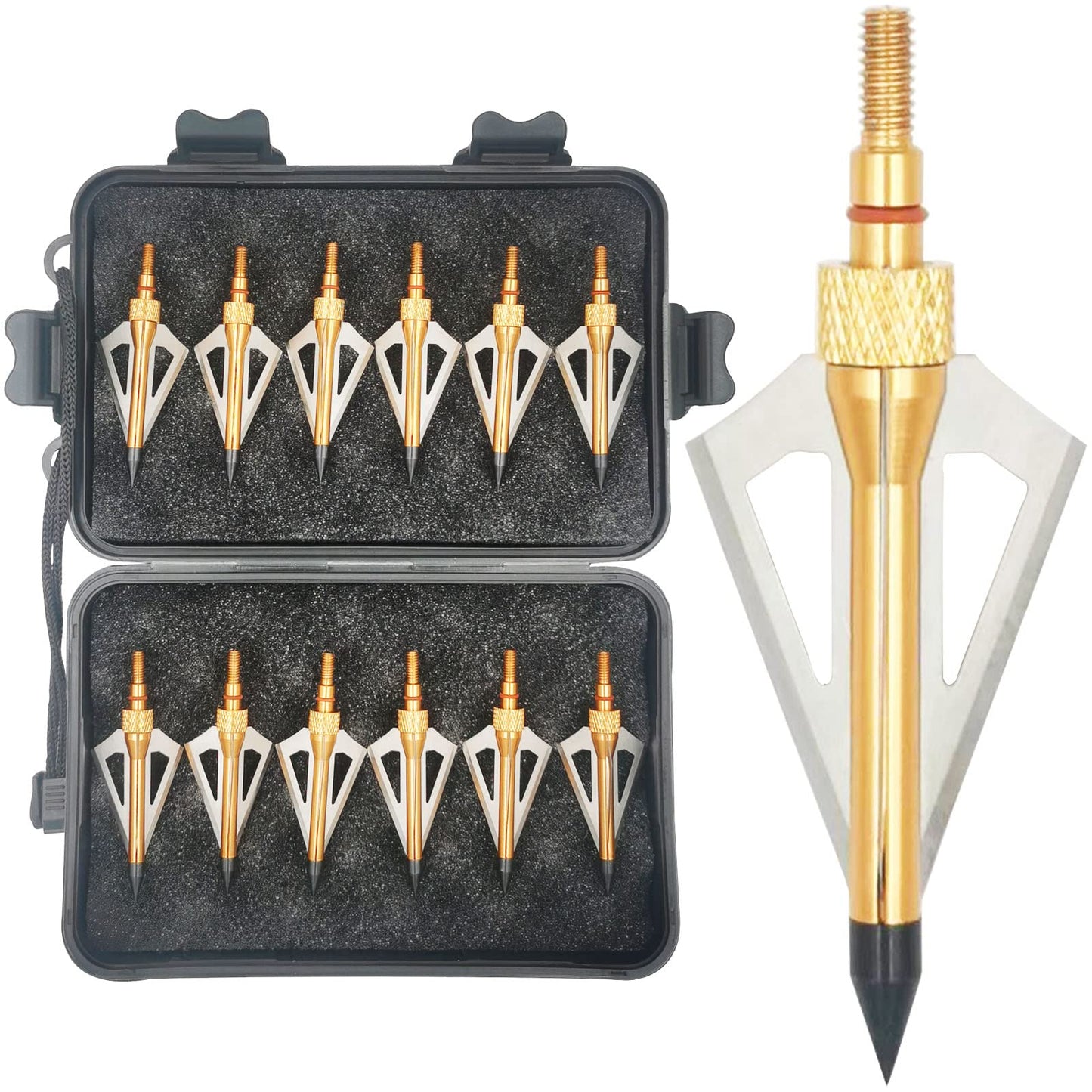 LeeMui Hunting Broadheads 12PK 100 Grains Screw-in Arrow Archery 3 Blades Hunting Heads Arrow Tips Compatible with Crossbow and Compound Bow + 1 PK Broadhead Storage Case (Gold)