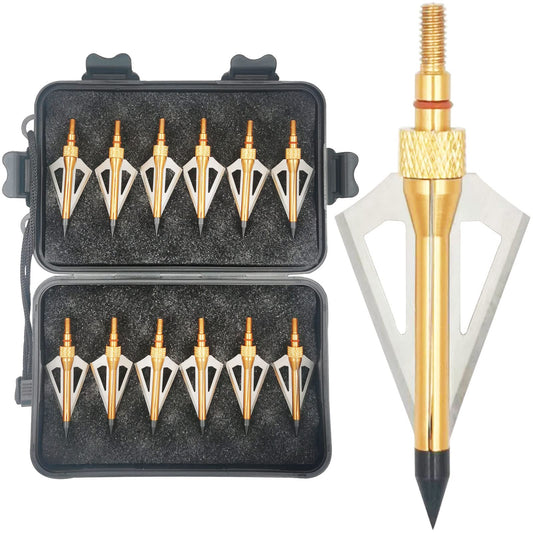 LeeMui Hunting Broadheads 12PK 100 Grains Screw-in Arrow Archery 3 Blades Hunting Heads Arrow Tips Compatible with Crossbow and Compound Bow + 1 PK Broadhead Storage Case (Gold)