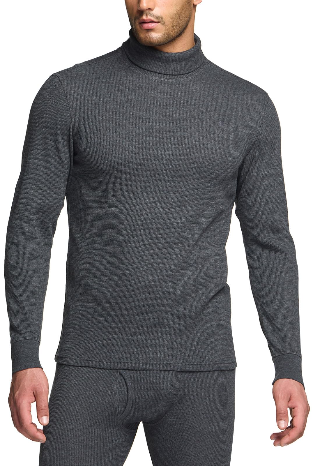 CQR Men's Long Sleeve Thermal Underwear Tops, Midweight Waffle Crewneck Shirt, Winter Cold Weather Thermal Shirts, Mock Neck Top Dark Grey, XX-Large