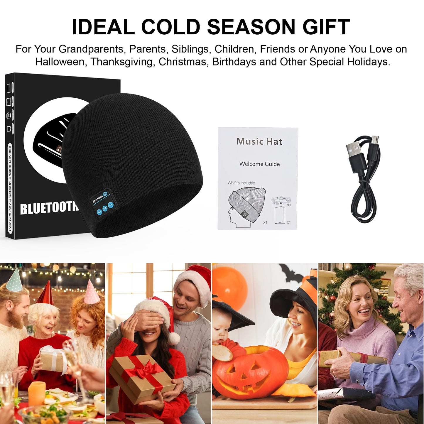 Bluetooth Beanie for Men & Women, Winter Knit Music Hat with Cordless Headphones, 24 Hour Play time, Built-in Microphone and HD Stereo Speakers, Unique Christmas Tech Gifts for Outdoor Homes Black