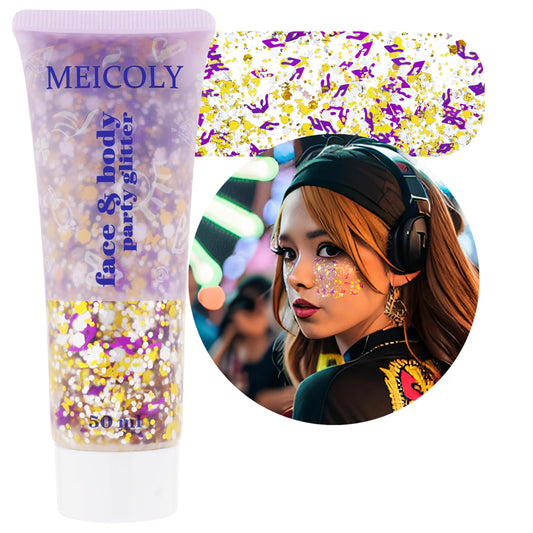 MEICOLY Face Glitter Makeup for Music Festival,Country Concert Outfits for Women,Gold Silver Purple Body Glitter,Music Festival Country Concert Accessories,Glitter Face Paint for Music Festival,50ml