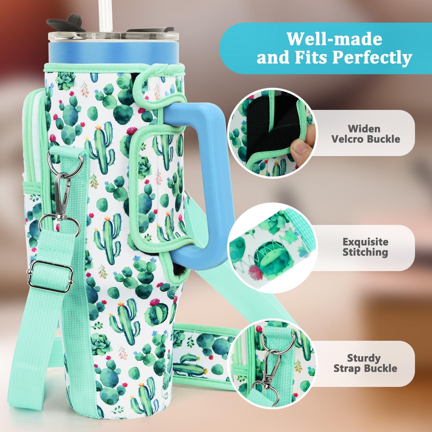 Water Bottle Carrier Bag with Phone Pocket Compatible with Stanley/Meoky 40 oz Tumbler with Handle,Neoprene Water Bottle Holder Pouch with Adjustable Strap Compatible with Stanley Cup Accessories