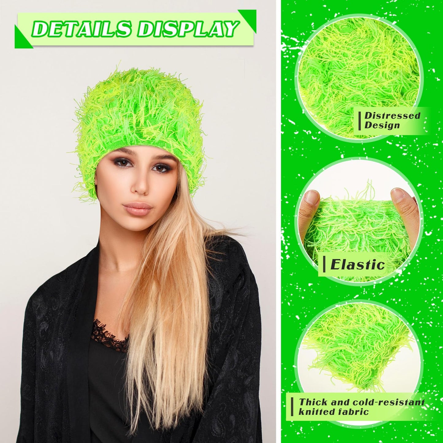 Chuarry Distressed Knitted Beanie Fuzzy Winter Hats Thick Warm Beanies Y2k Beanie Snow Knit Cap Skull for Women Men(Yellow and Green,Regular Style)