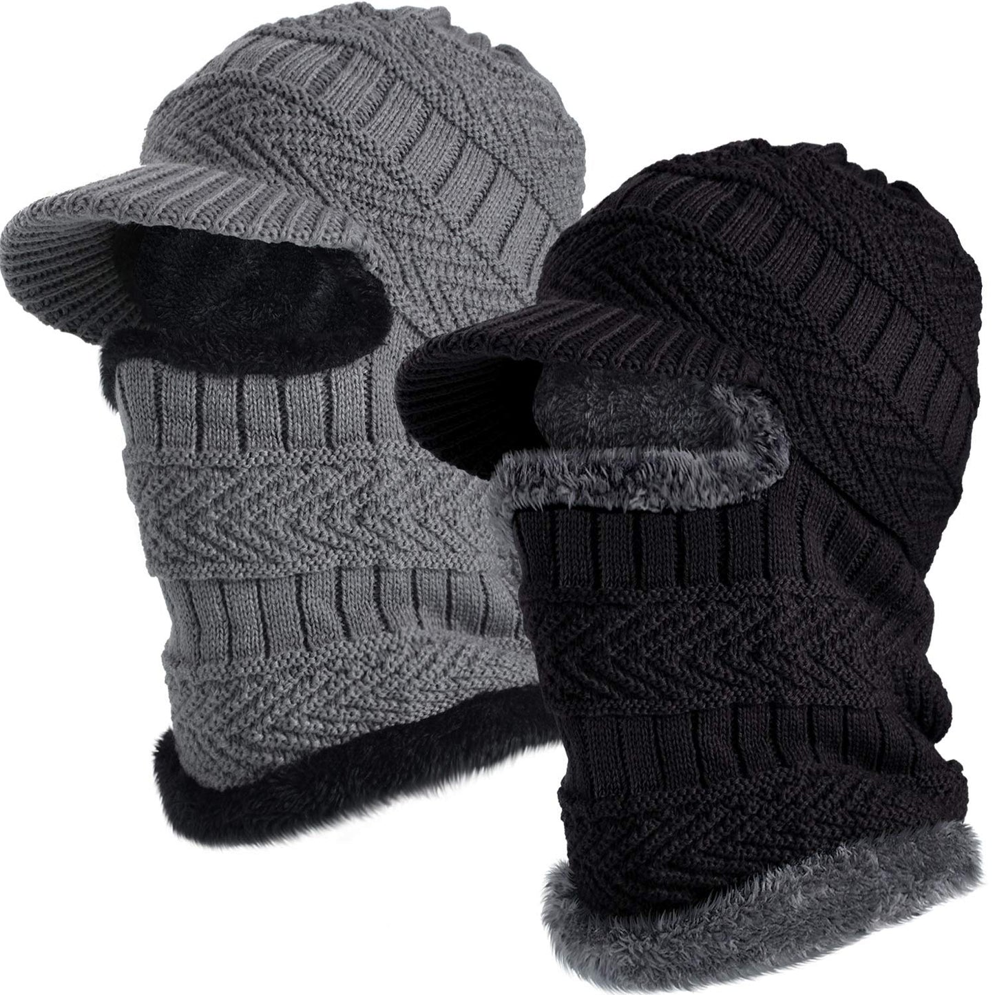 Syhood Knitted Balaclava Beanie Hat Winter Neck Warmer Ski Face Cover Neck Gaiter (Black, Grey,2 Pieces)
