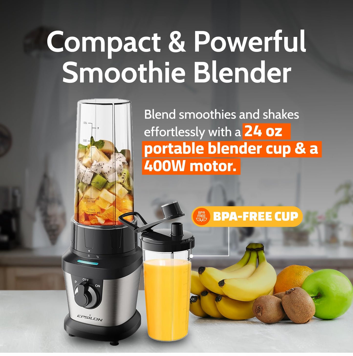 Epsilon Portable blender for Shakes and Smoothies – 400W Personal Blender with 24oz Portable Bottle, Electric Personal Blender Bottle with 4-Blade Assembly, Travel-Friendly and BPA-Free