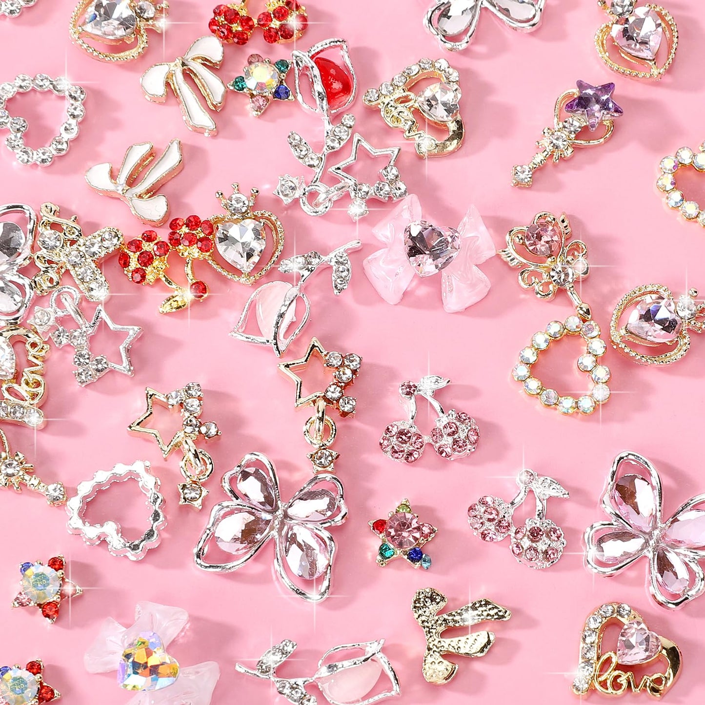 CUBLIVE 24PCS Nail Charms Y2k Alloy Nail Art Rhinestone Charms 3D Heart Star Bow with Rhinestones Cherry Nail Gems Shiny Jewelry Nail Decorations Accessories Supplies (AD24)