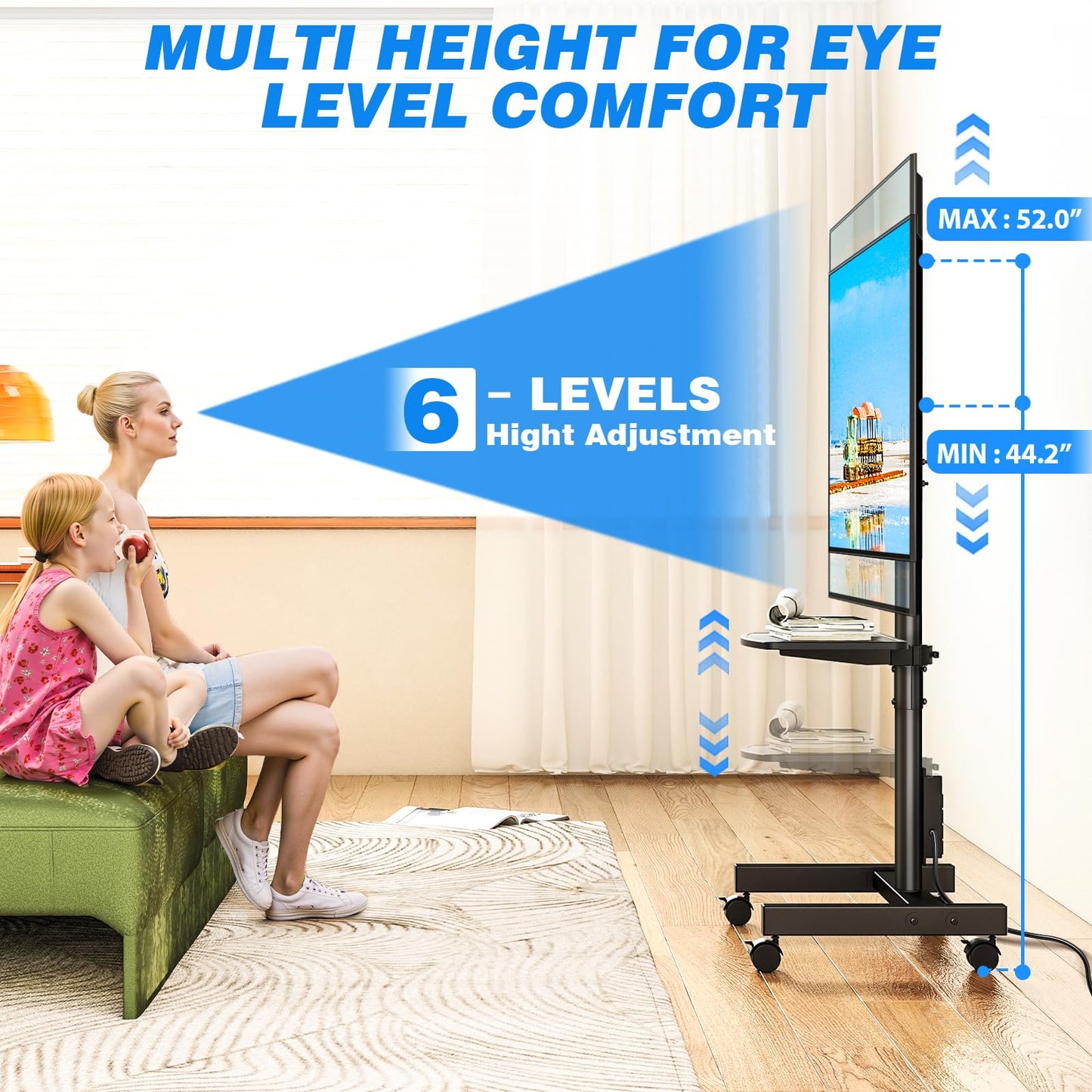 Rfiver Rolling TV Stand with Power Outlet for 13-50 Inch TVs, Tilting and Rotating Mobile TV Cart up to 55 lbs, Portrait to Landscap, Height Adjustable TV Floor Stand with Shelf, Max VESA 200x200mm